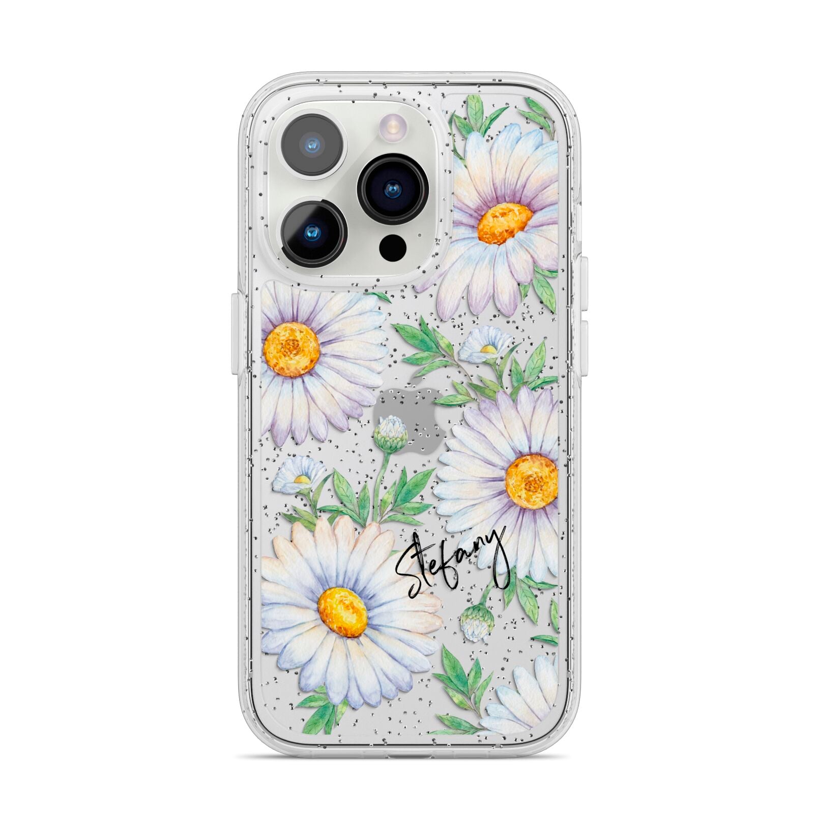 Personalised White Daisy iPhone 14 Pro Glitter Tough Case Silver