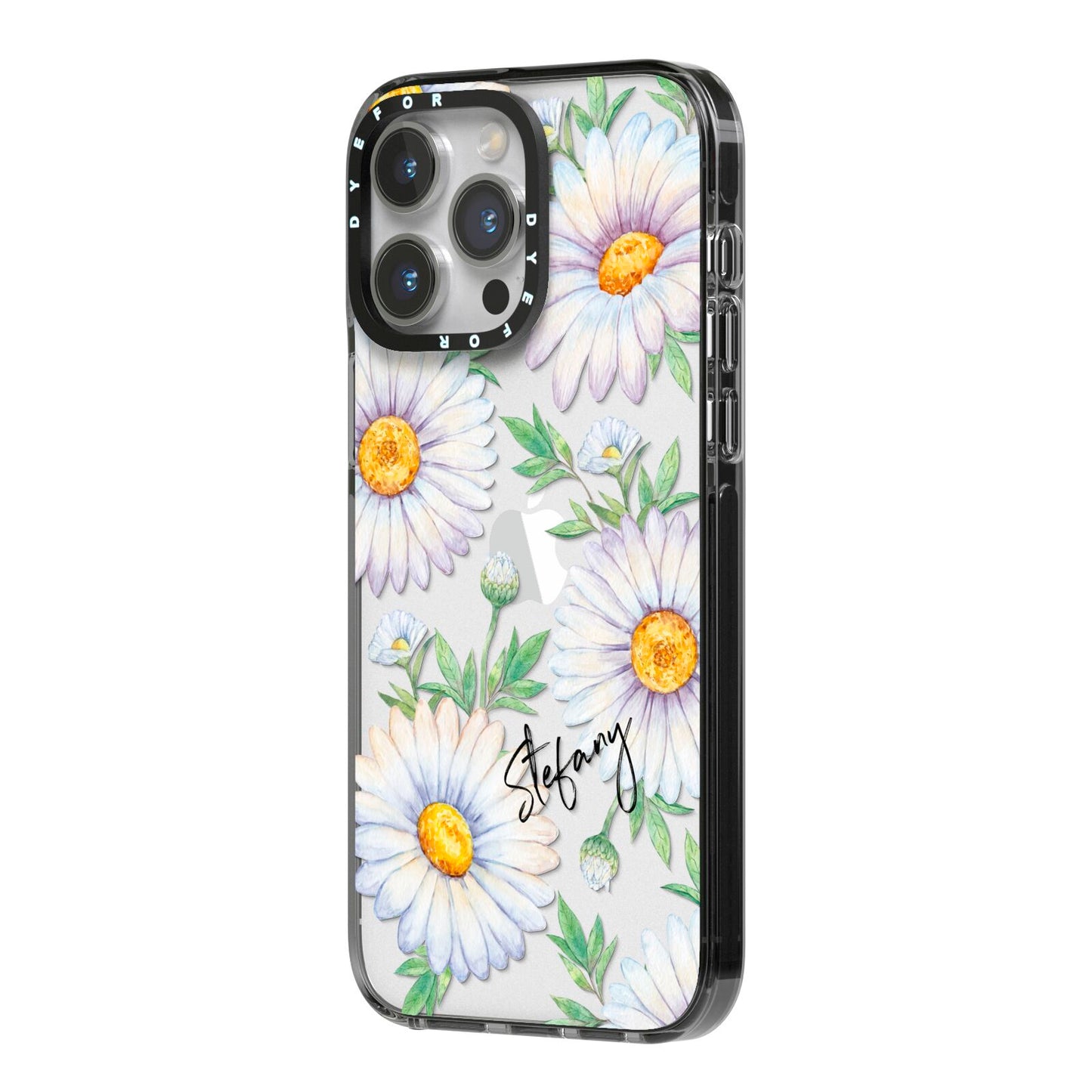 Personalised White Daisy iPhone 14 Pro Max Black Impact Case Side Angle on Silver phone