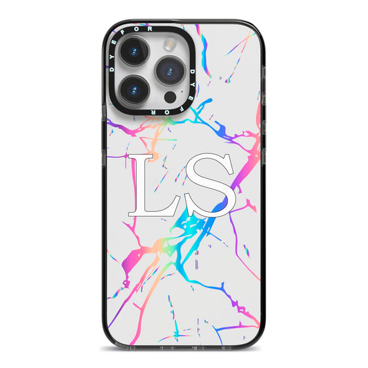 Personalised White Holographic Marble Initials iPhone 14 Pro Max Black Impact Case on Silver phone