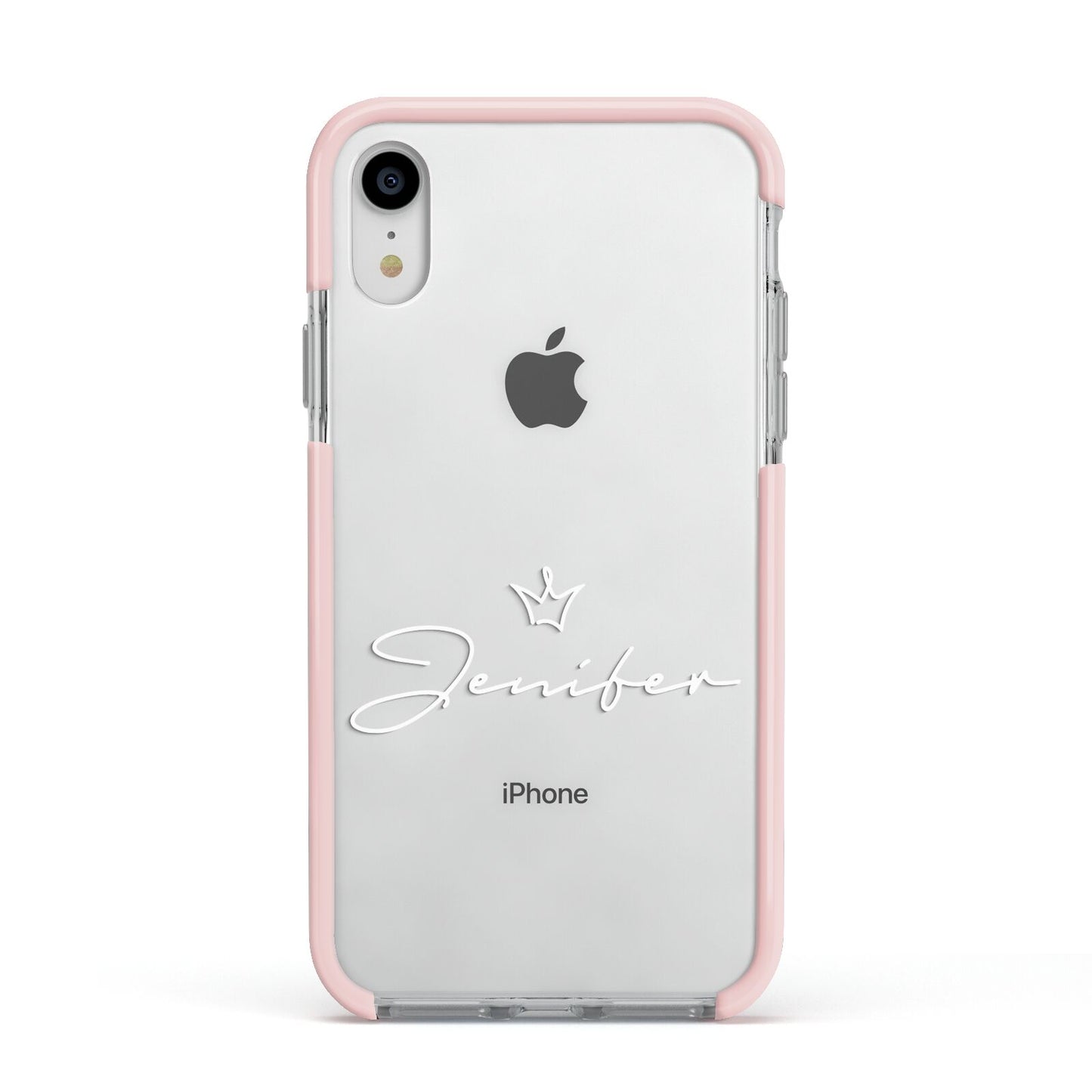 Personalised White Text Transparent Apple iPhone XR Impact Case Pink Edge on Silver Phone