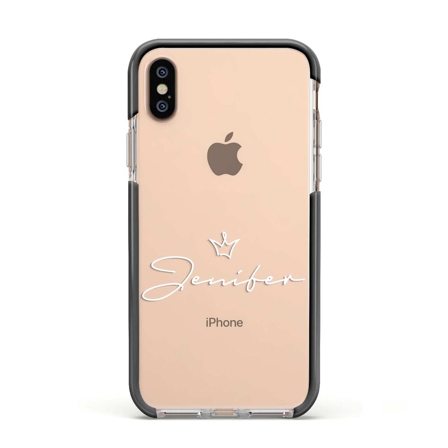 Personalised White Text Transparent Apple iPhone Xs Impact Case Black Edge on Gold Phone