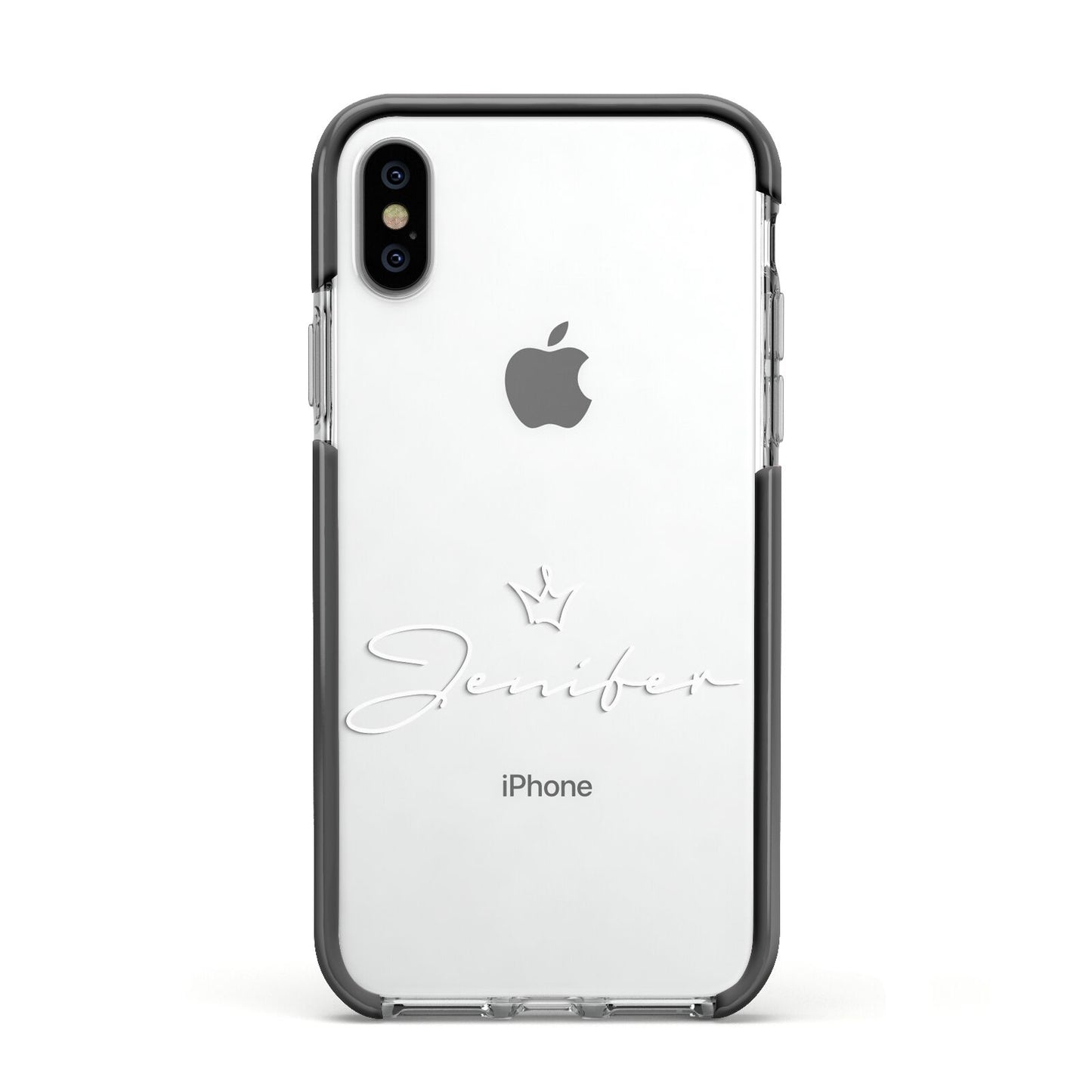 Personalised White Text Transparent Apple iPhone Xs Impact Case Black Edge on Silver Phone