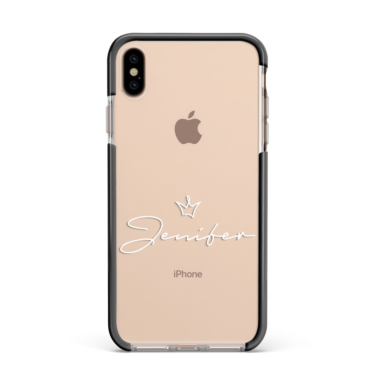 Personalised White Text Transparent Apple iPhone Xs Max Impact Case Black Edge on Gold Phone