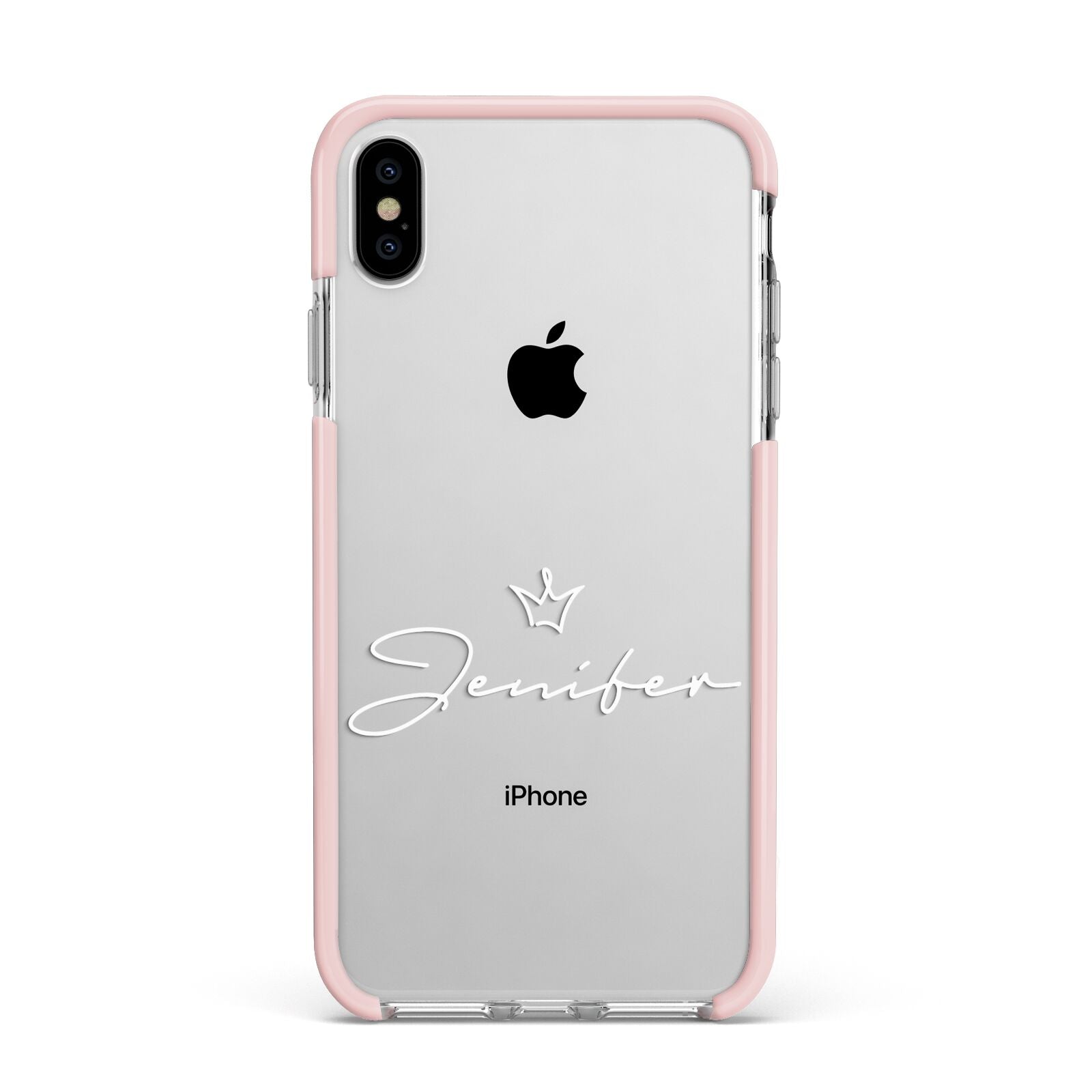 Personalised White Text Transparent Apple iPhone Xs Max Impact Case Pink Edge on Silver Phone