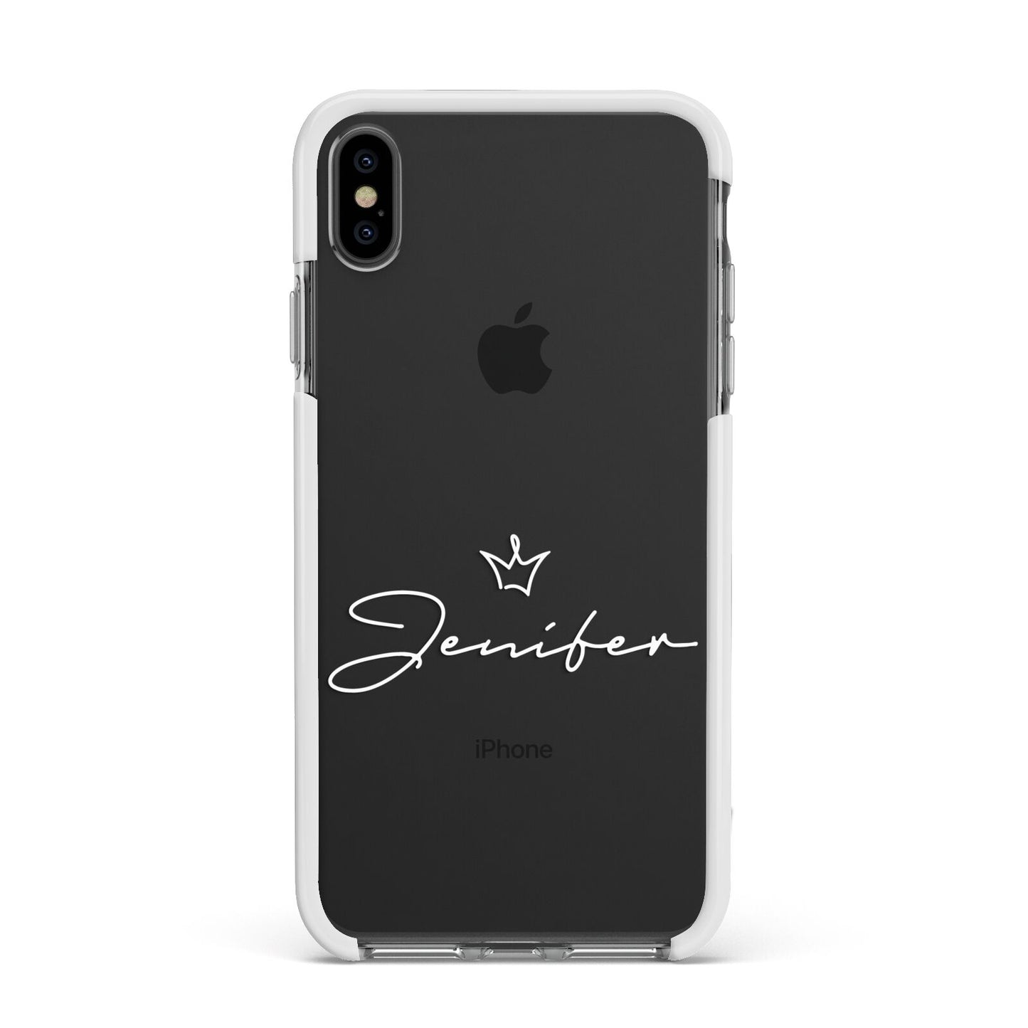 Personalised White Text Transparent Apple iPhone Xs Max Impact Case White Edge on Black Phone