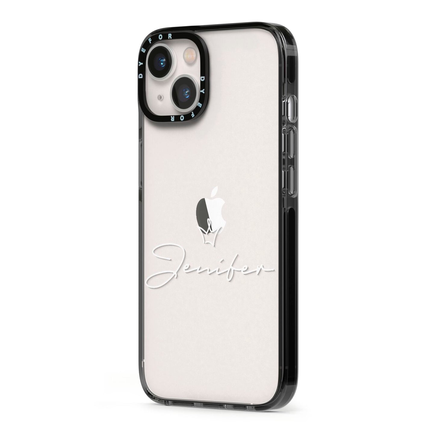 Personalised White Text Transparent iPhone 13 Black Impact Case Side Angle on Silver phone