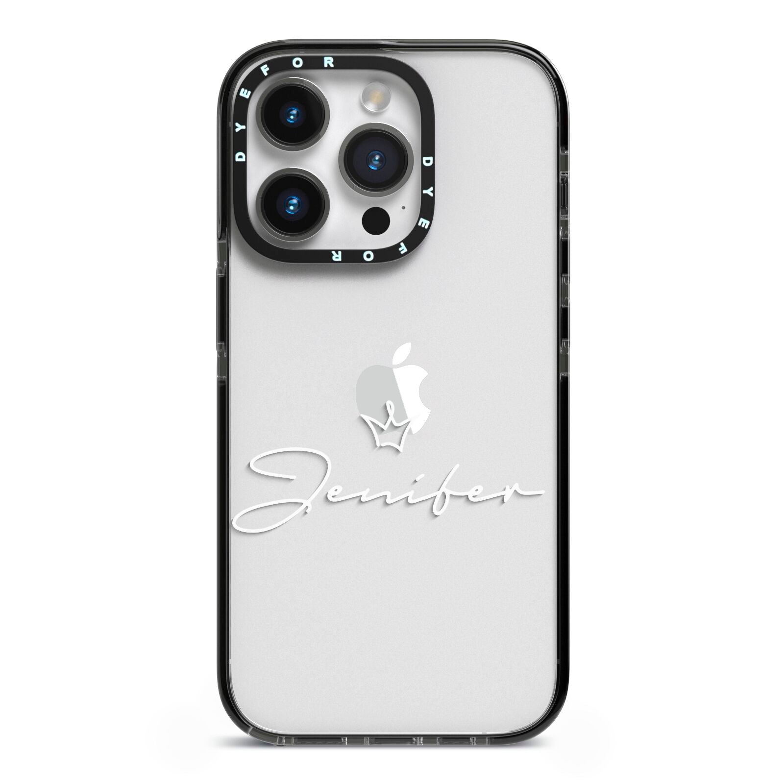 Personalised White Text Transparent iPhone 14 Pro Black Impact Case on Silver phone