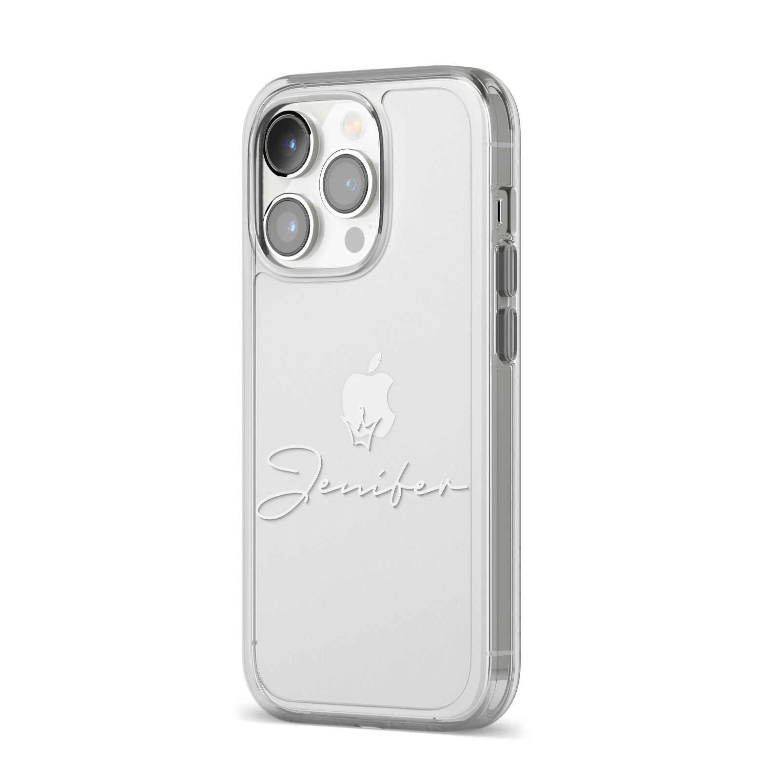 Personalised White Text Transparent iPhone 14 Pro Clear Tough Case Silver Angled Image