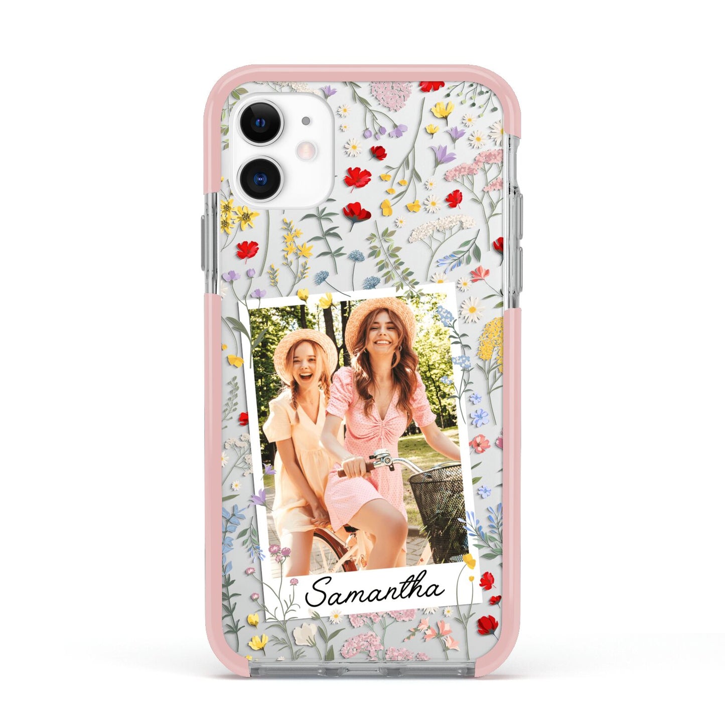 Personalised Wild Flowers Photo Apple iPhone 11 in White with Pink Impact Case