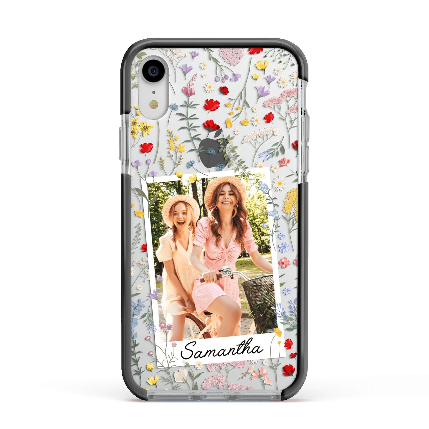 Personalised Wild Flowers Photo Apple iPhone XR Impact Case Black Edge on Silver Phone