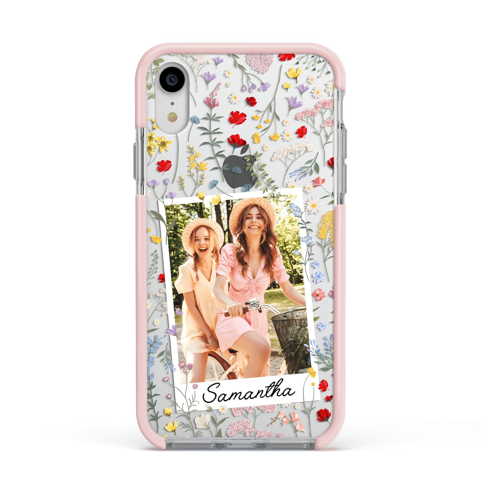 Personalised Wild Flowers Photo Apple iPhone XR Impact Case Pink Edge on Silver Phone