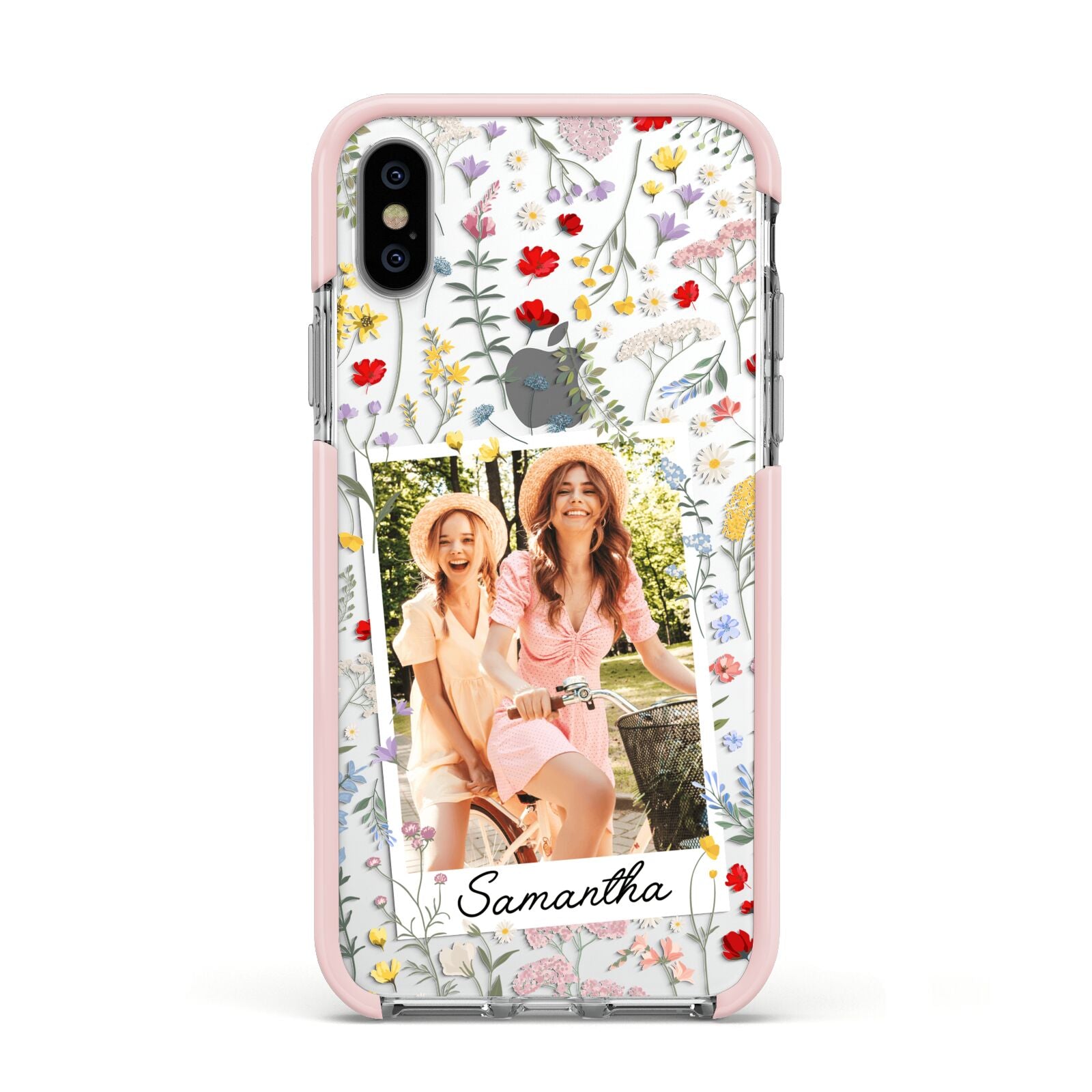 Personalised Wild Flowers Photo Apple iPhone Xs Impact Case Pink Edge on Silver Phone