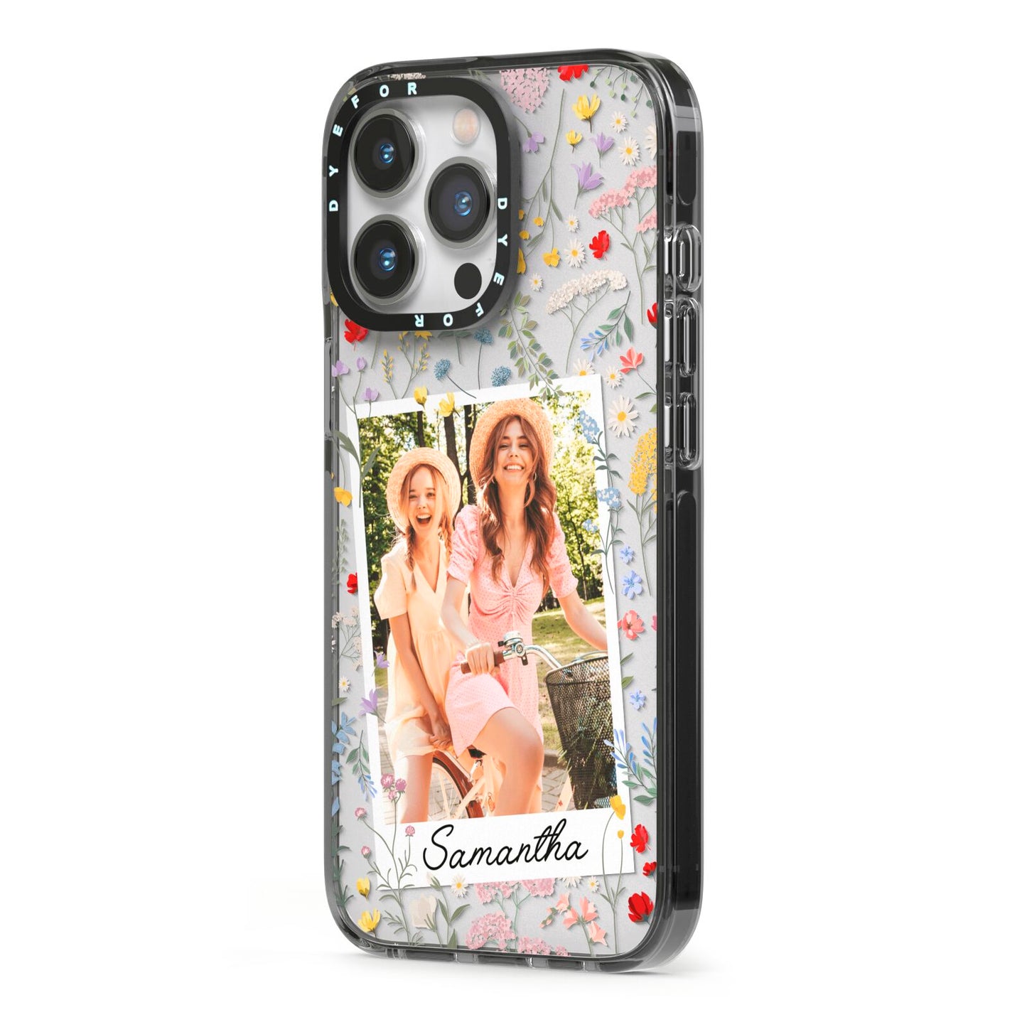 Personalised Wild Flowers Photo iPhone 13 Pro Black Impact Case Side Angle on Silver phone