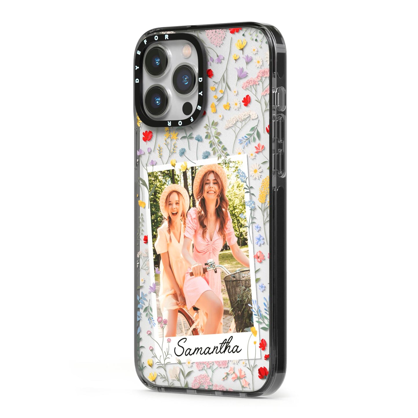 Personalised Wild Flowers Photo iPhone 13 Pro Max Black Impact Case Side Angle on Silver phone