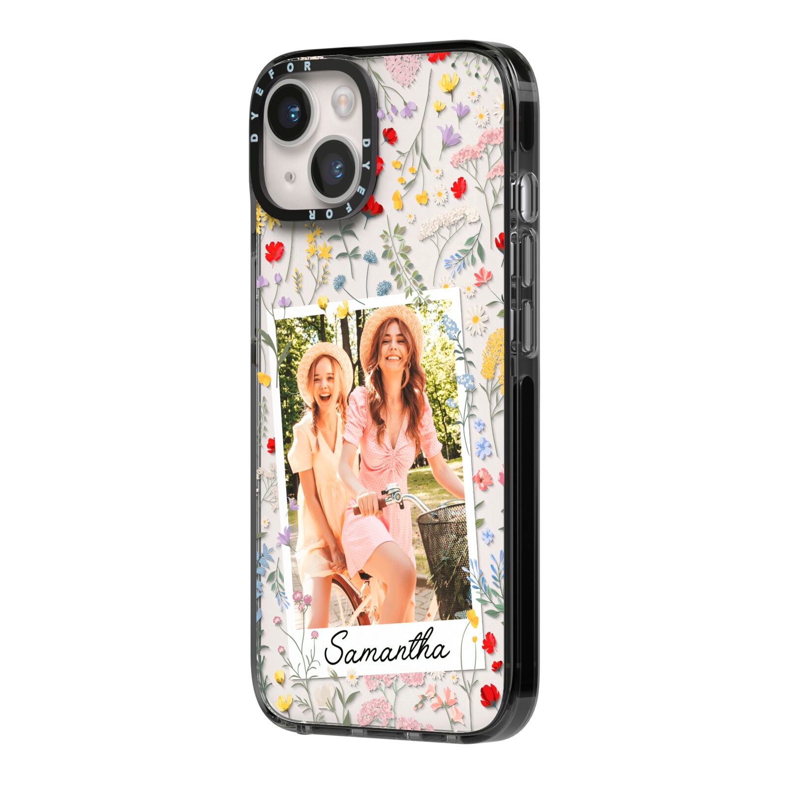 Personalised Wild Flowers Photo iPhone 14 Black Impact Case Side Angle on Silver phone