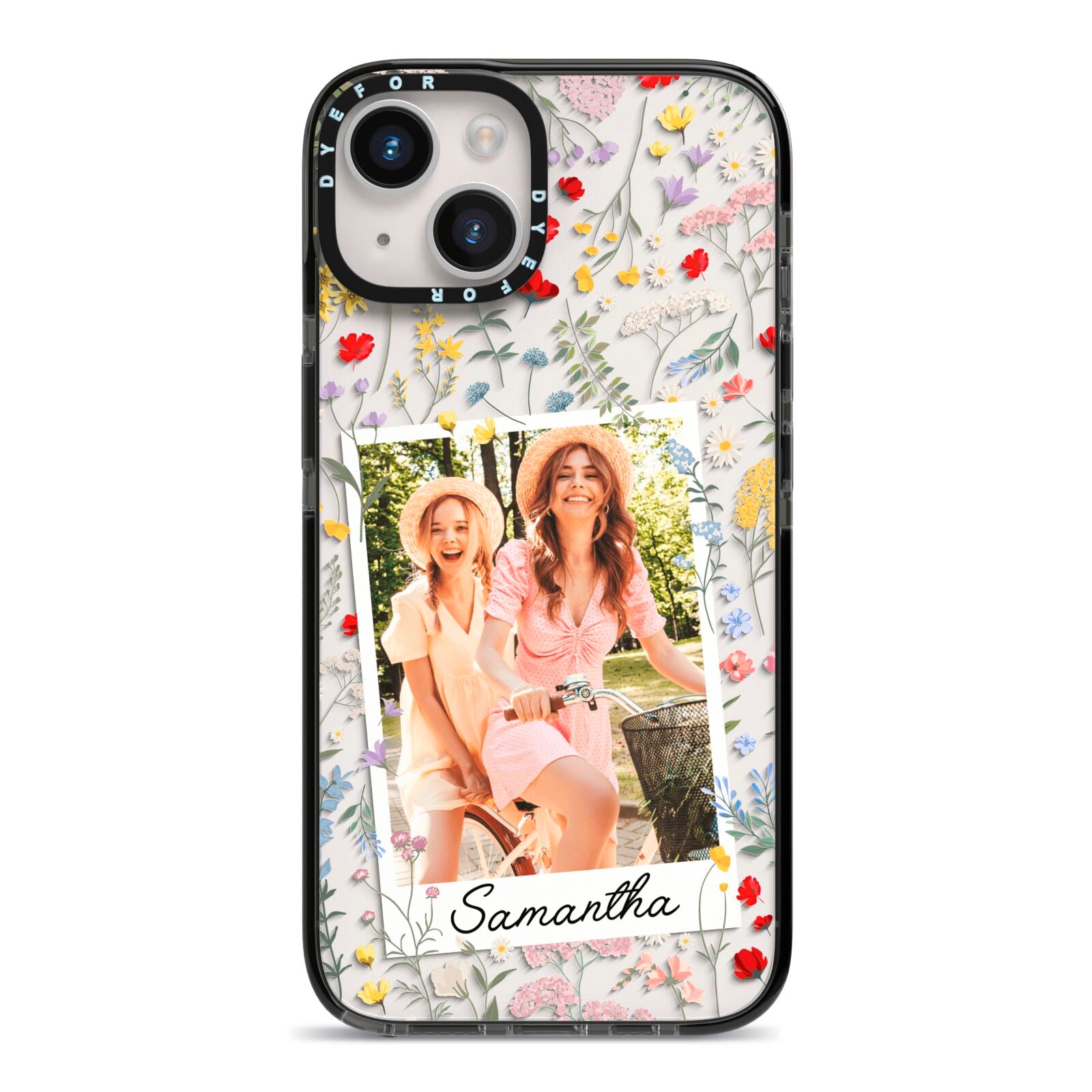 Personalised Wild Flowers Photo iPhone 14 Black Impact Case on Silver phone
