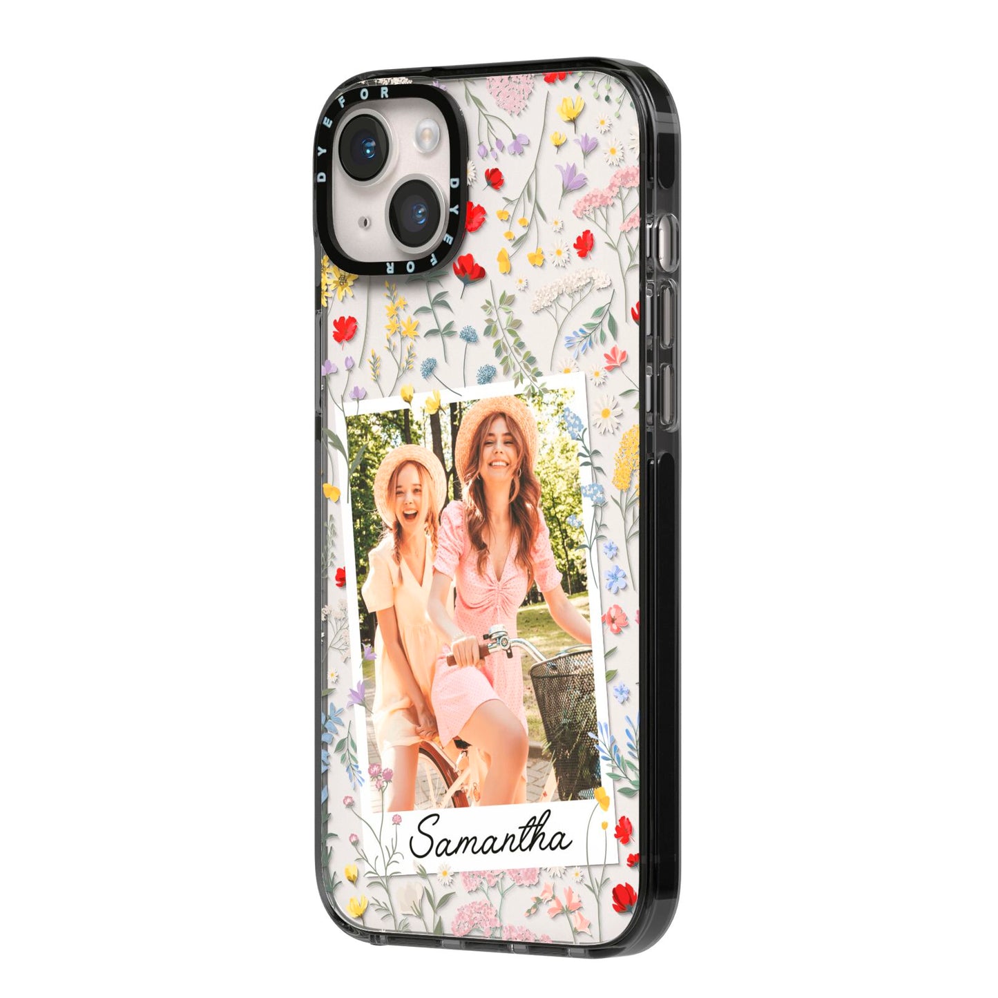 Personalised Wild Flowers Photo iPhone 14 Plus Black Impact Case Side Angle on Silver phone