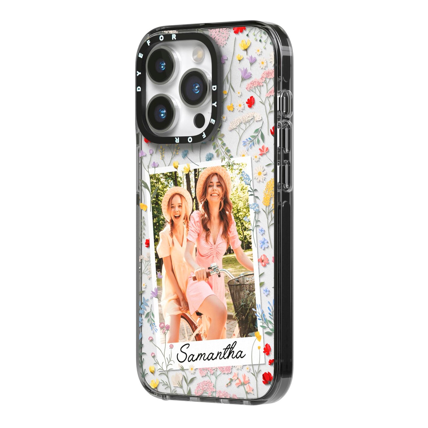 Personalised Wild Flowers Photo iPhone 14 Pro Black Impact Case Side Angle on Silver phone