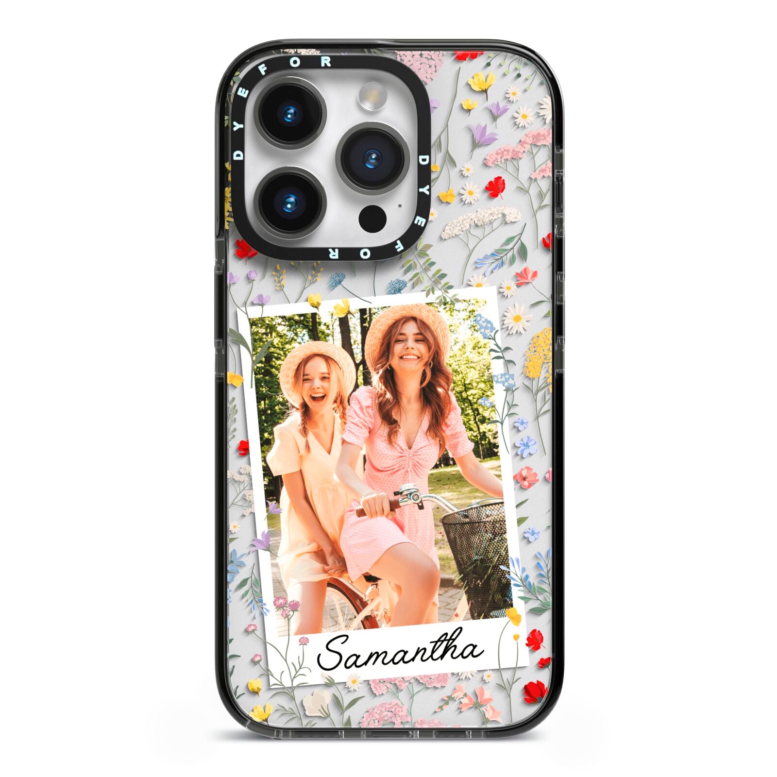 Personalised Wild Flowers Photo iPhone 14 Pro Black Impact Case on Silver phone