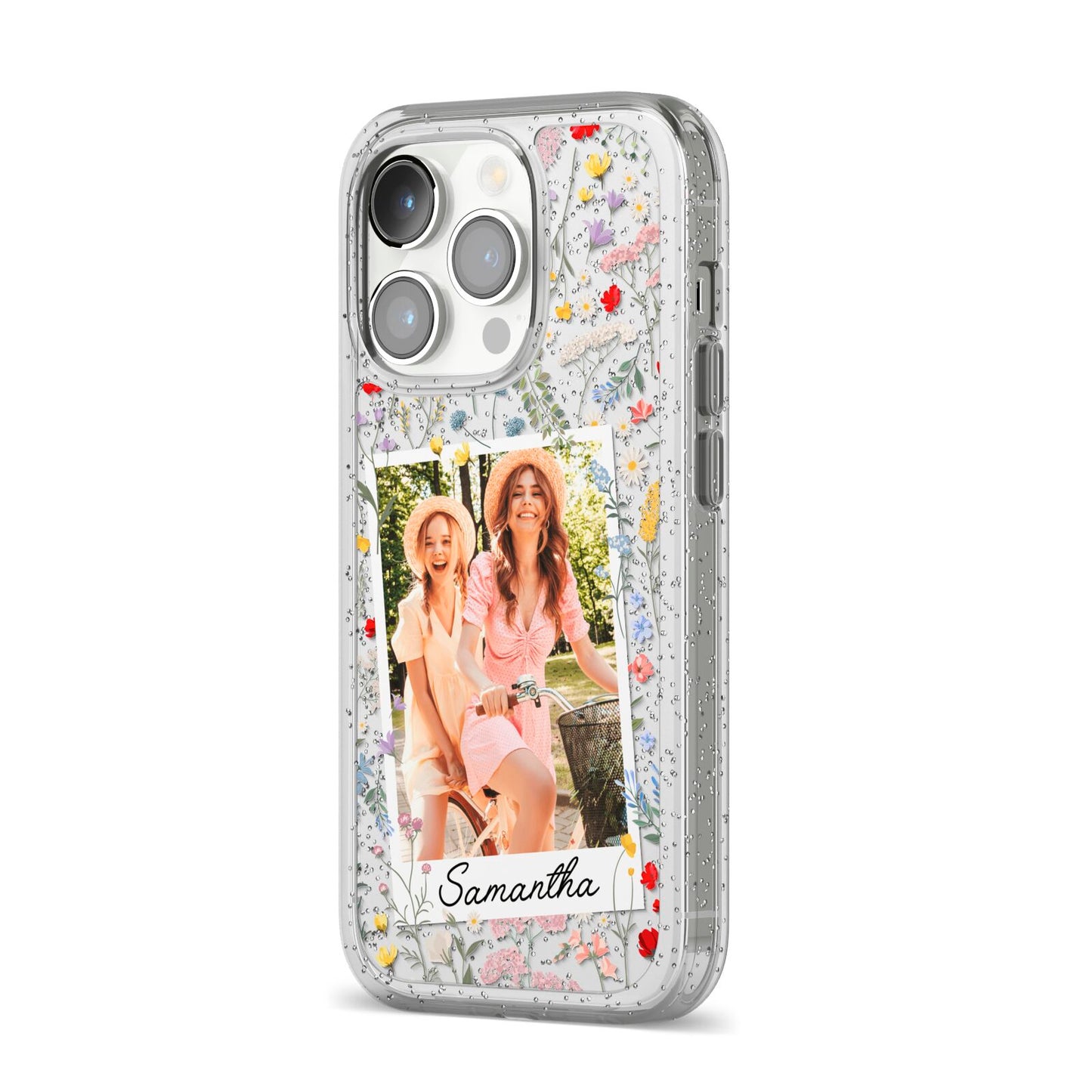Personalised Wild Flowers Photo iPhone 14 Pro Glitter Tough Case Silver Angled Image
