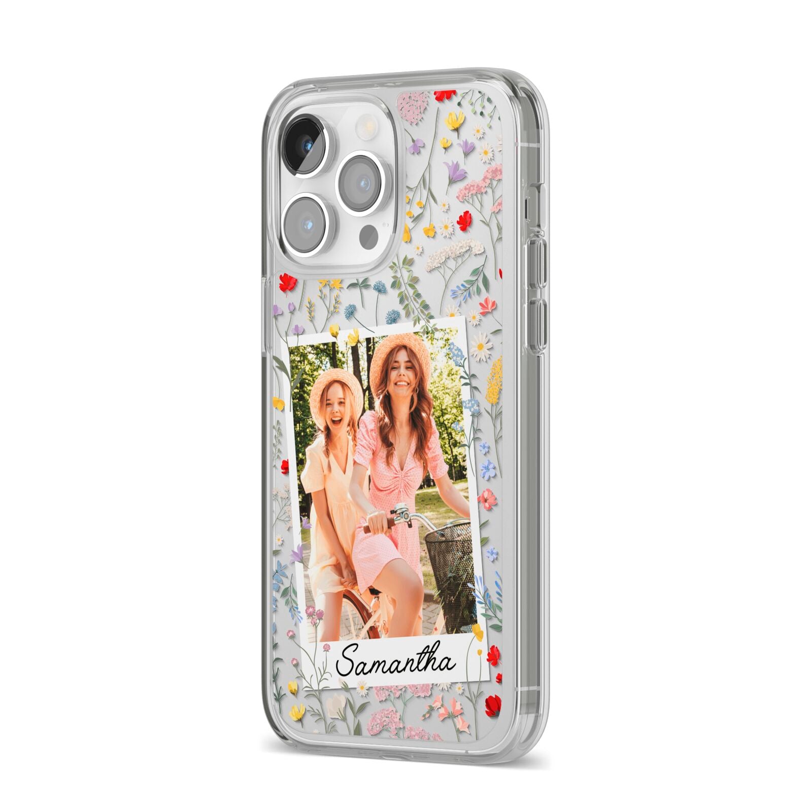 Personalised Wild Flowers Photo iPhone 14 Pro Max Clear Tough Case Silver Angled Image