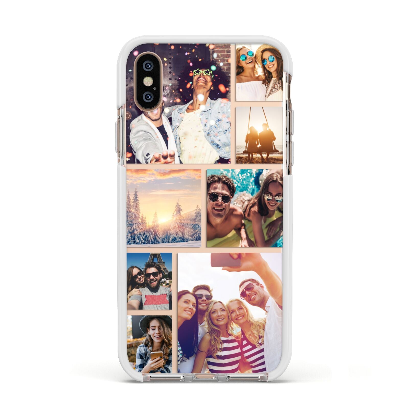 Photo Collage Apple iPhone Xs Impact Case White Edge on Gold Phone