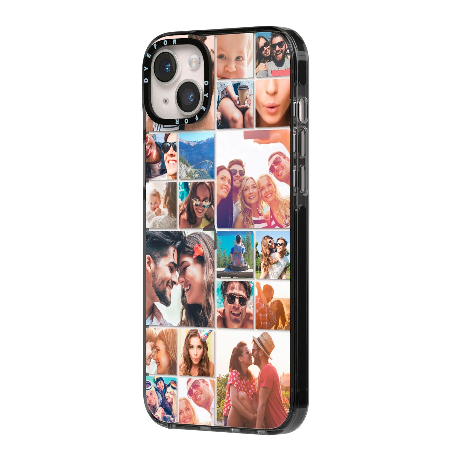 Photo Grid iPhone 14 Plus Black Impact Case Side Angle on Silver phone