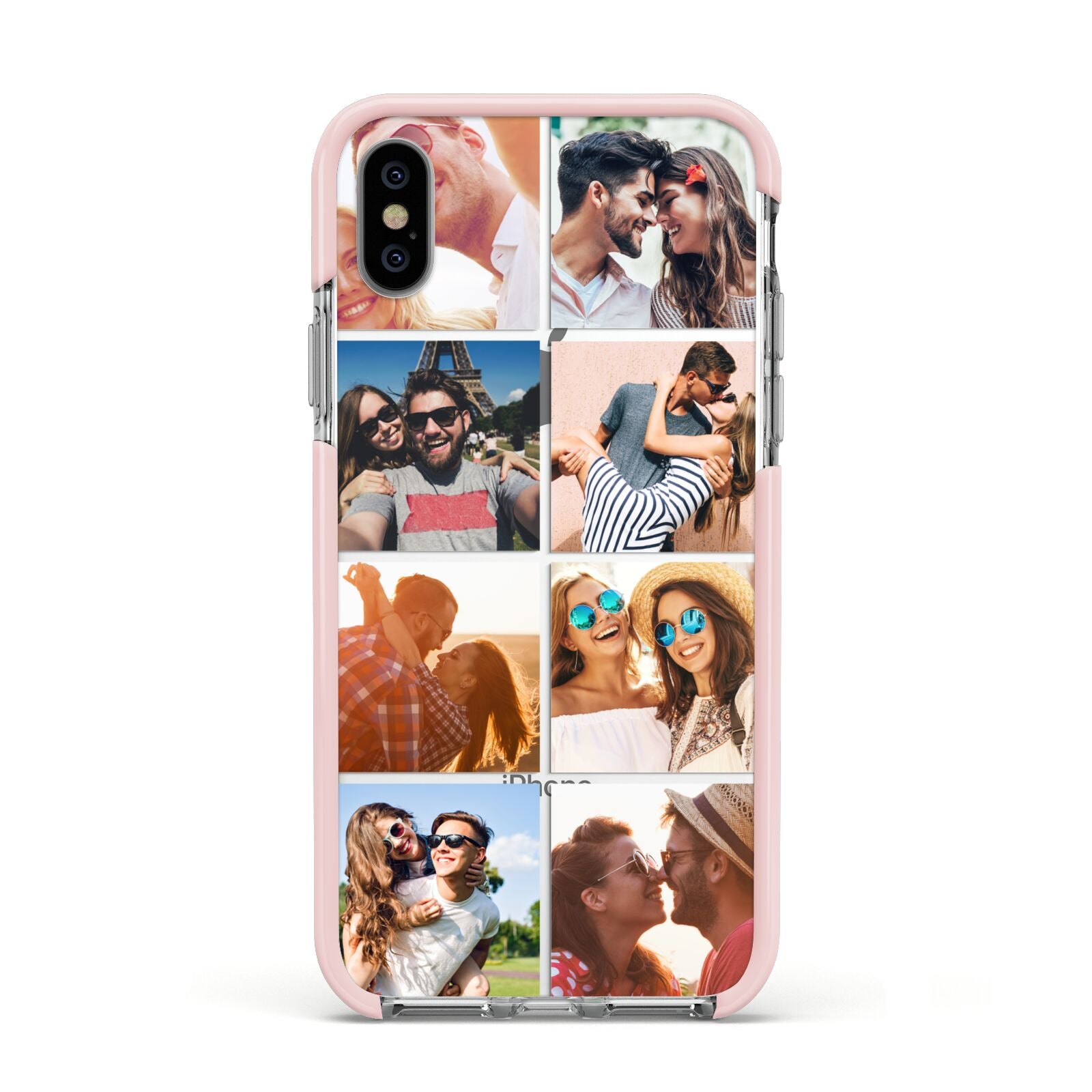 Photo Montage Upload Apple iPhone Xs Impact Case Pink Edge on Silver Phone
