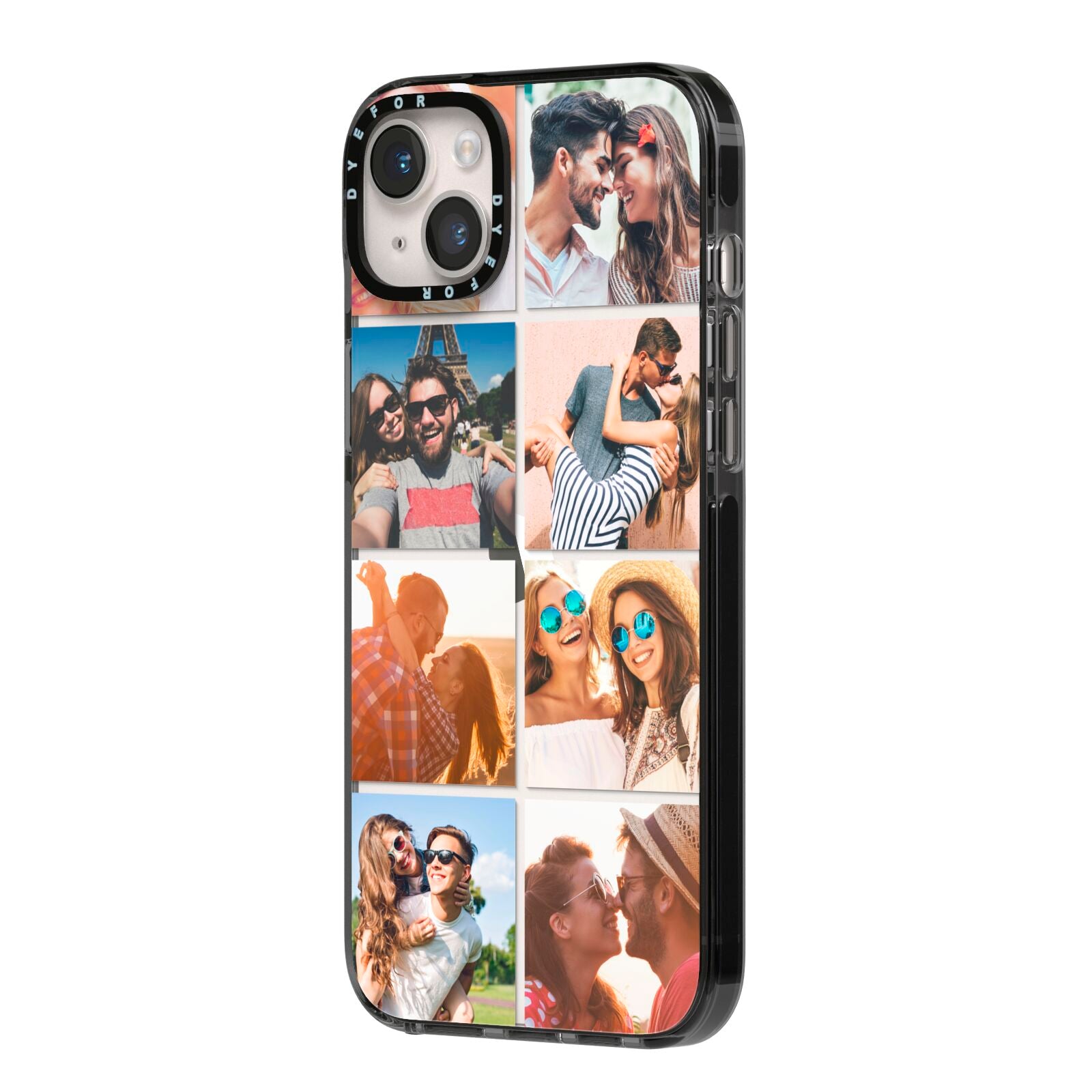 Photo Montage Upload iPhone 14 Plus Black Impact Case Side Angle on Silver phone