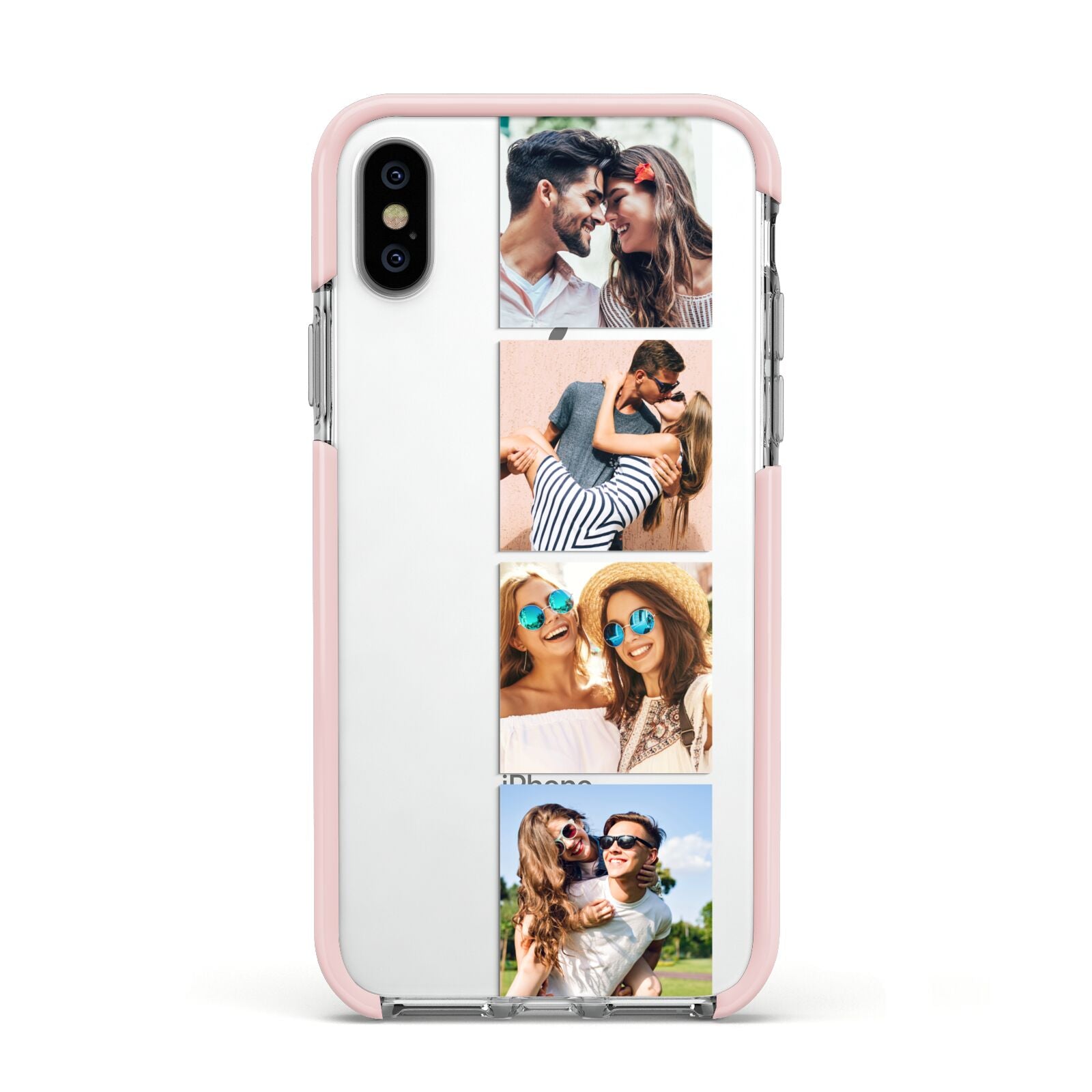 Photo Strip Montage Upload Apple iPhone Xs Impact Case Pink Edge on Silver Phone