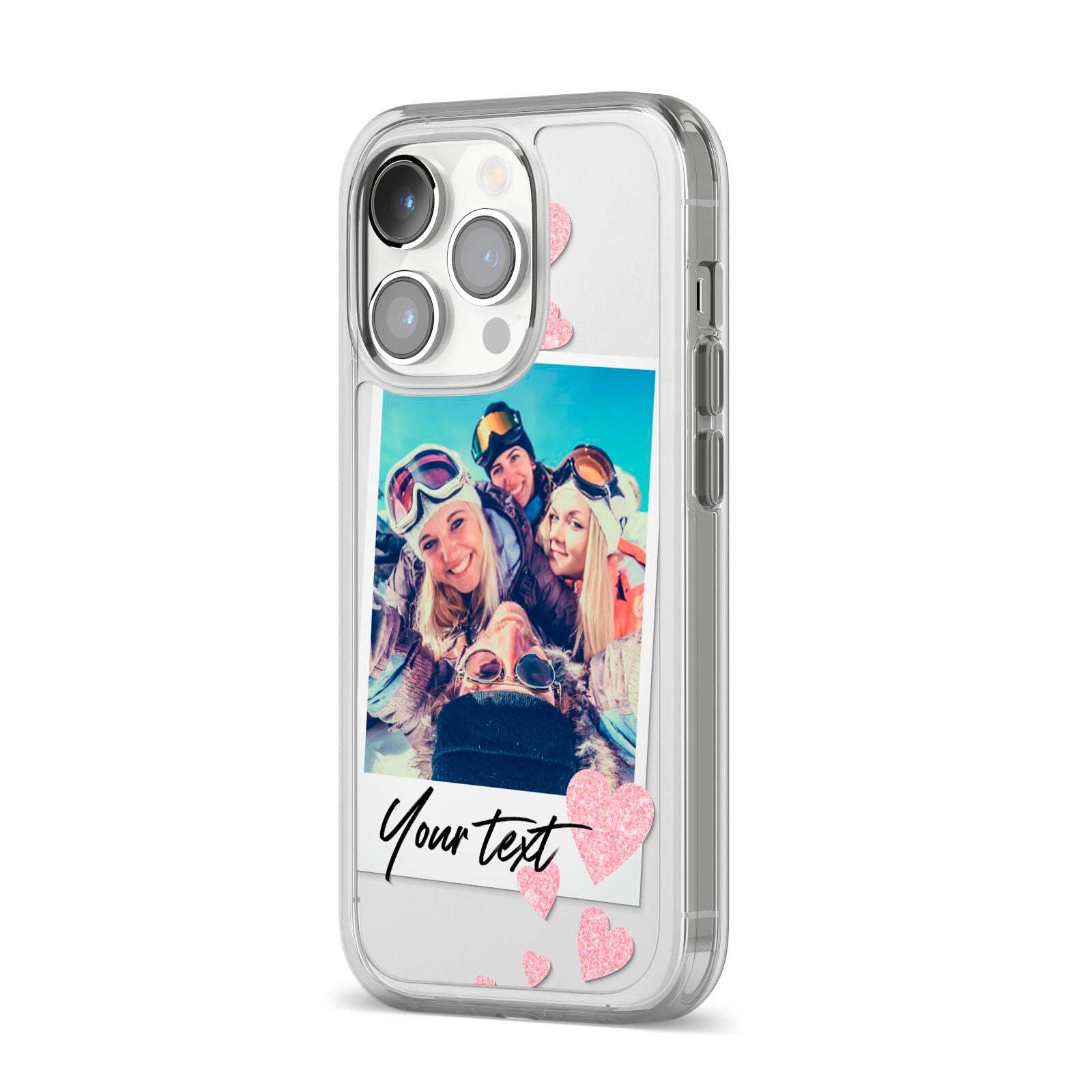 Photo with Text iPhone 14 Pro Clear Tough Case Silver Angled Image