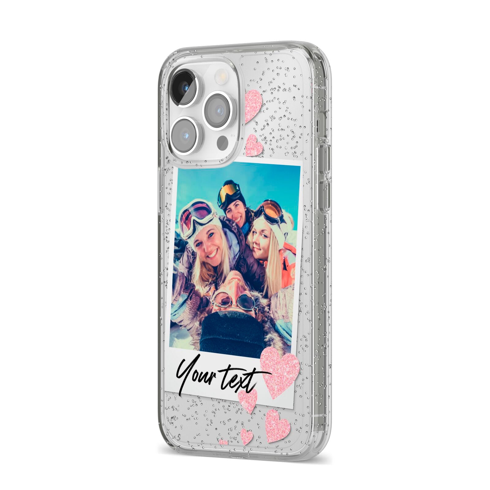 Photo with Text iPhone 14 Pro Max Glitter Tough Case Silver Angled Image