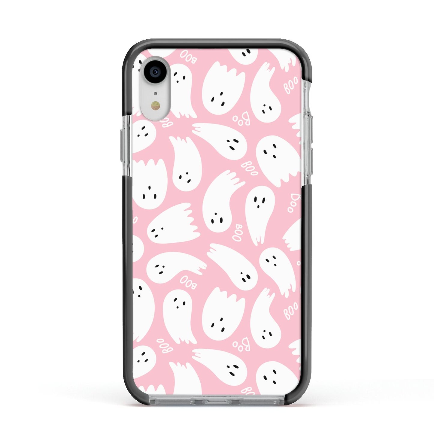 Pink Ghost Apple iPhone XR Impact Case Black Edge on Silver Phone