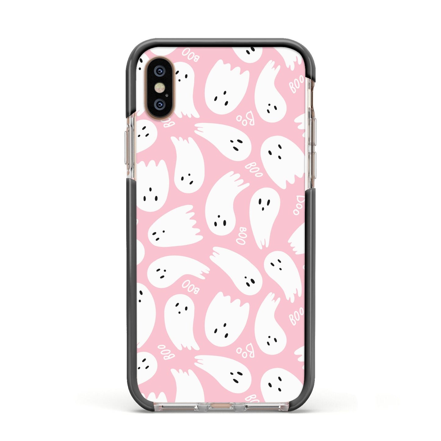 Pink Ghost Apple iPhone Xs Impact Case Black Edge on Gold Phone