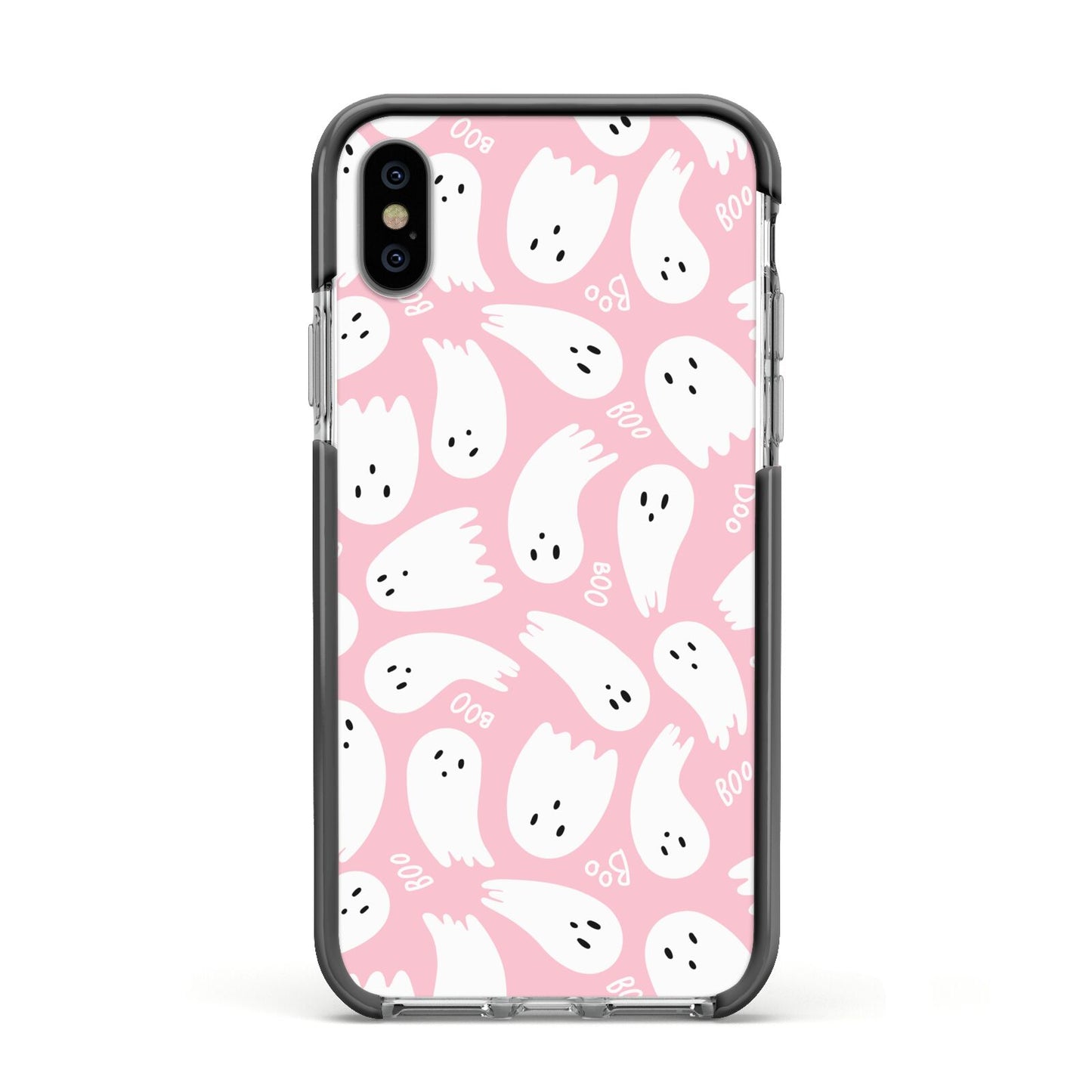 Pink Ghost Apple iPhone Xs Impact Case Black Edge on Silver Phone