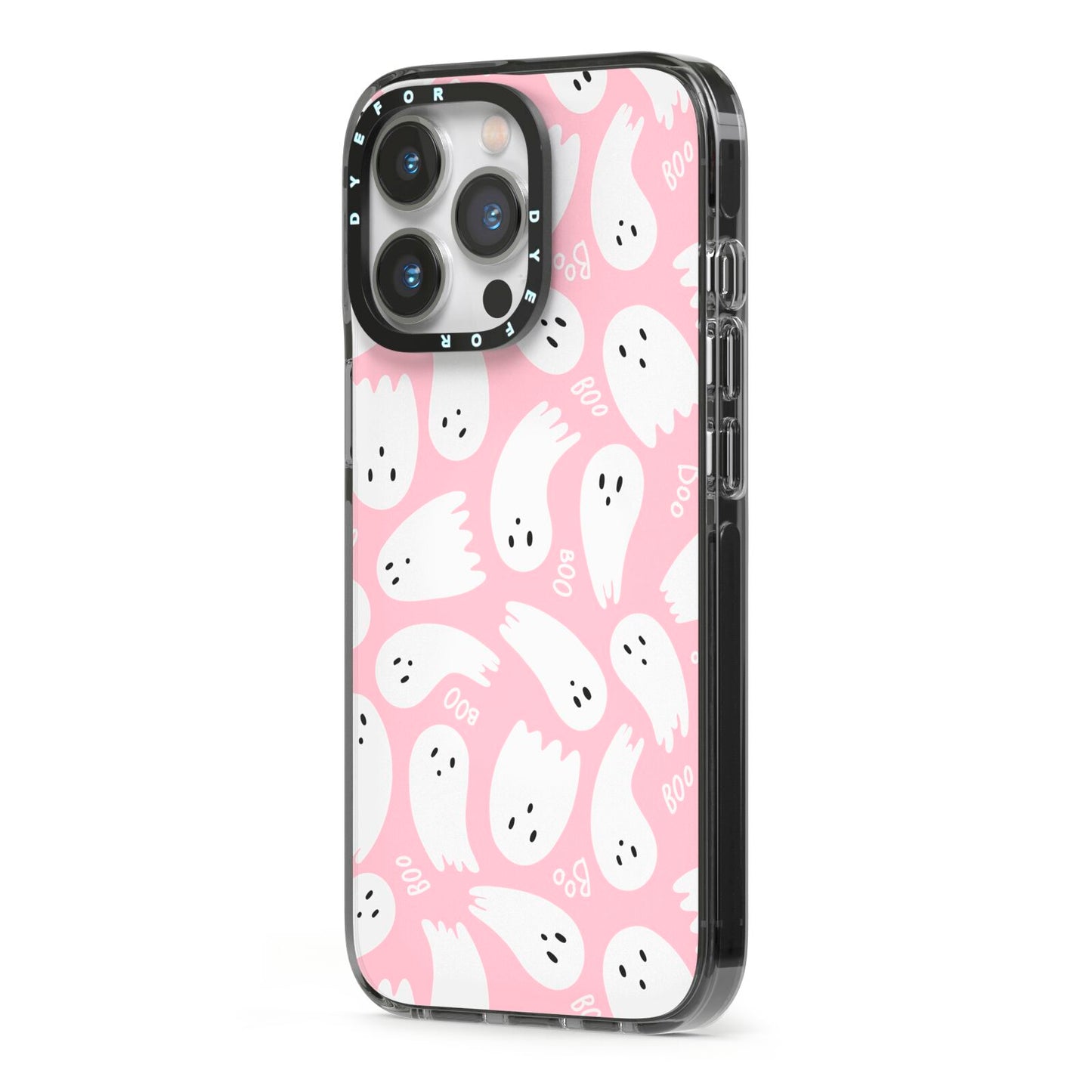 Pink Ghost iPhone 13 Pro Black Impact Case Side Angle on Silver phone