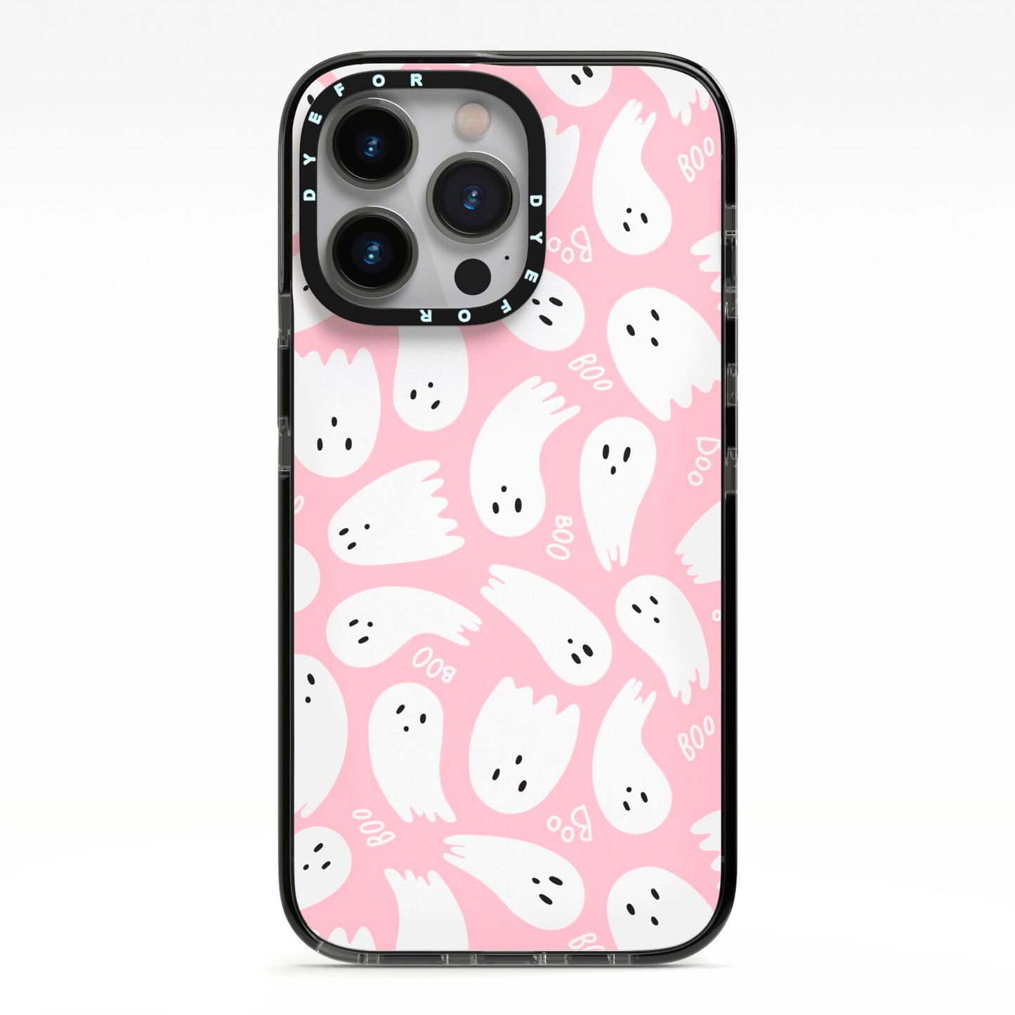 Pink Ghost iPhone 13 Pro Black Impact Case on Silver phone