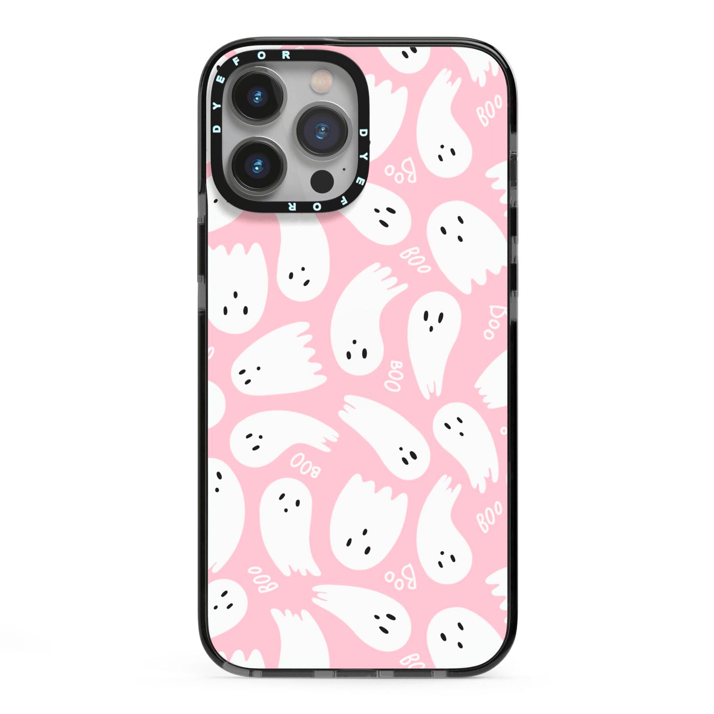 Pink Ghost iPhone 13 Pro Max Black Impact Case on Silver phone