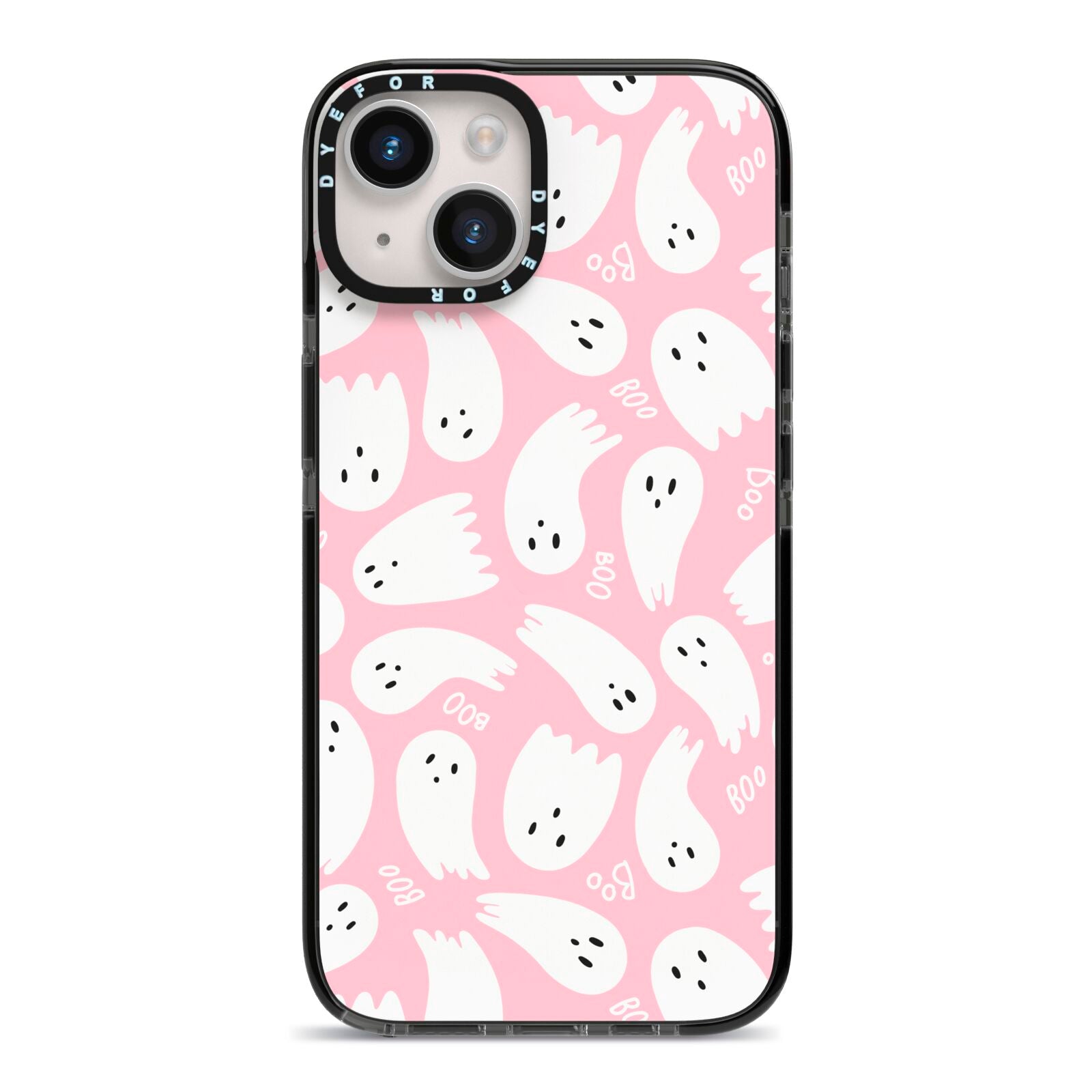 Pink Ghost iPhone 14 Black Impact Case on Silver phone