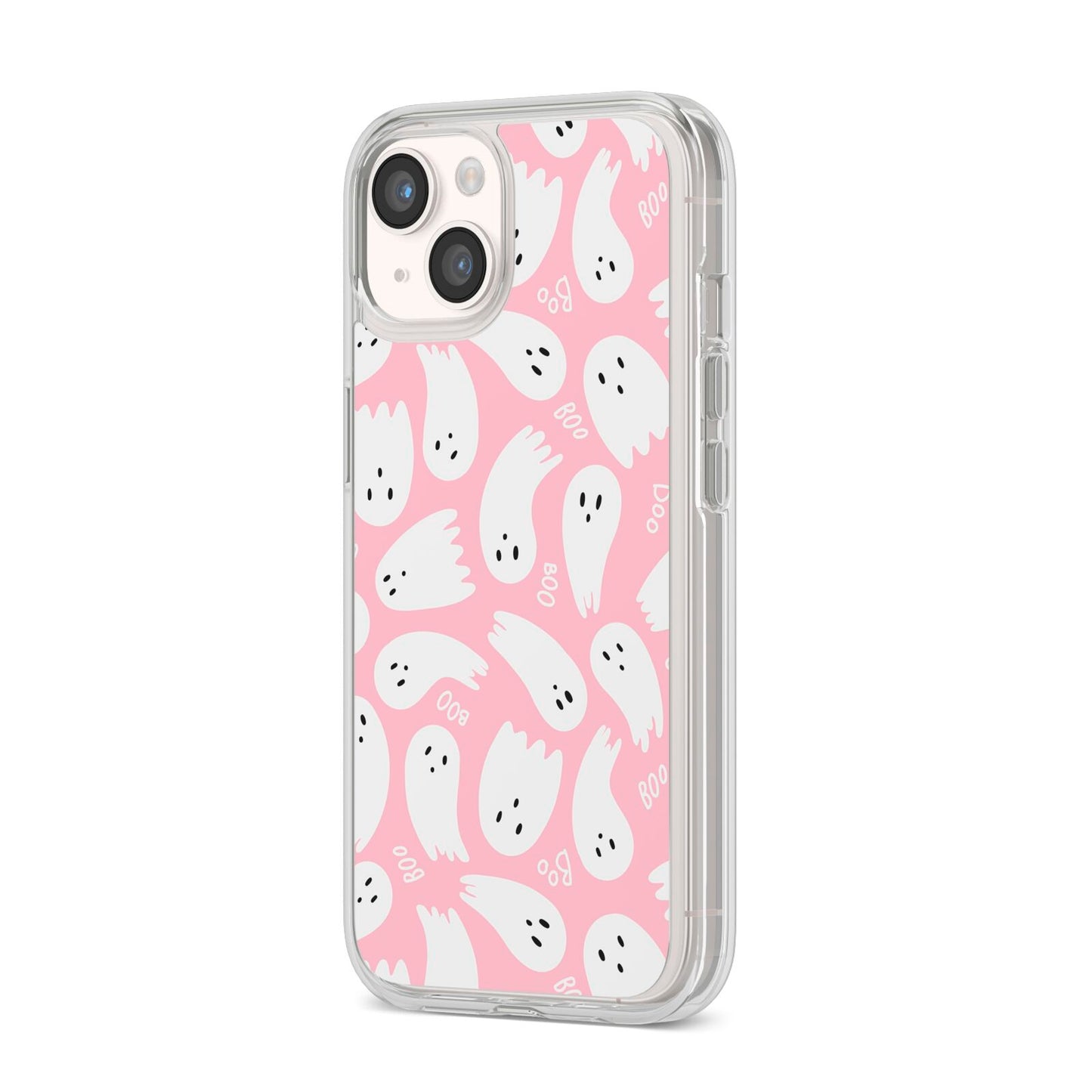 Pink Ghost iPhone 14 Clear Tough Case Starlight Angled Image