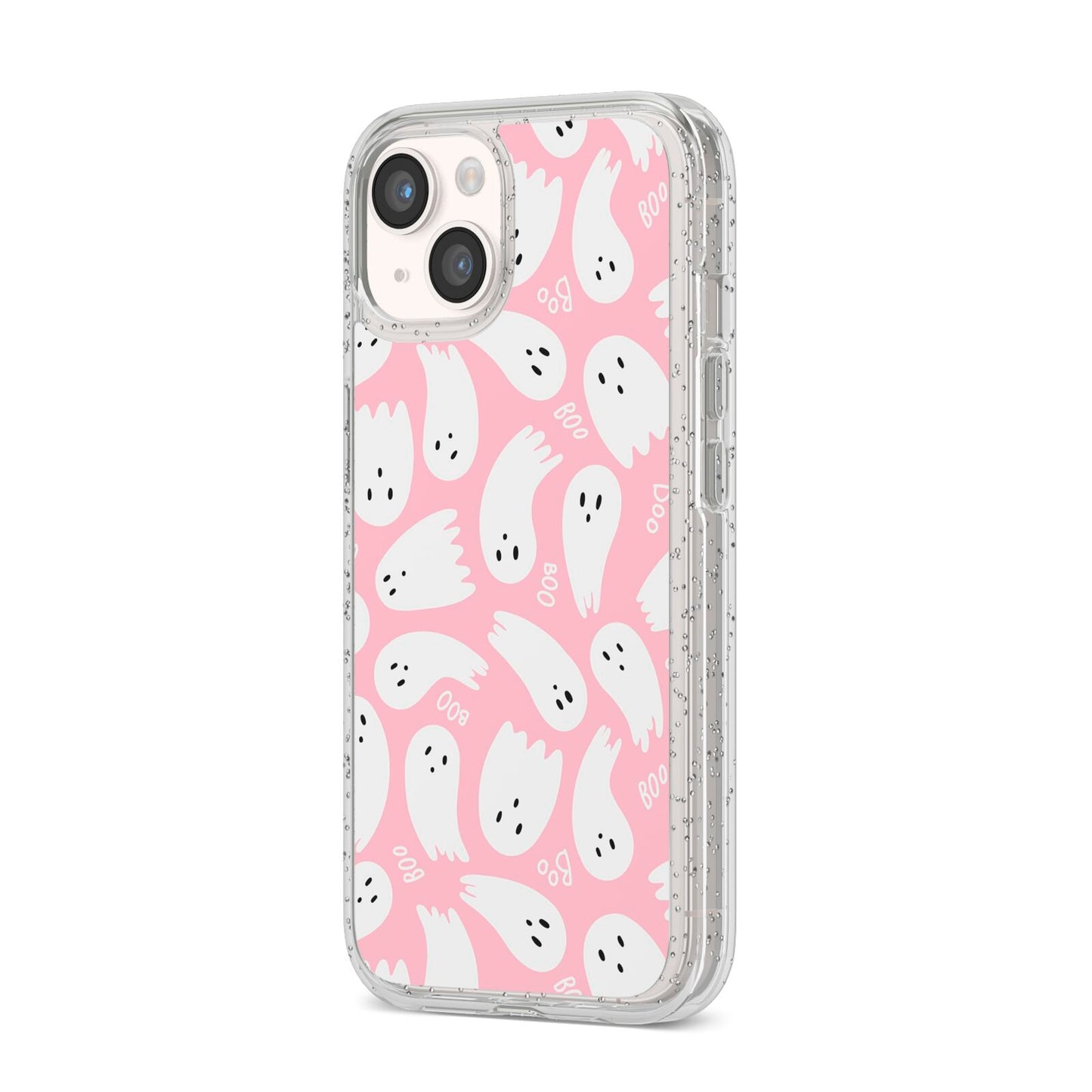 Pink Ghost iPhone 14 Glitter Tough Case Starlight Angled Image