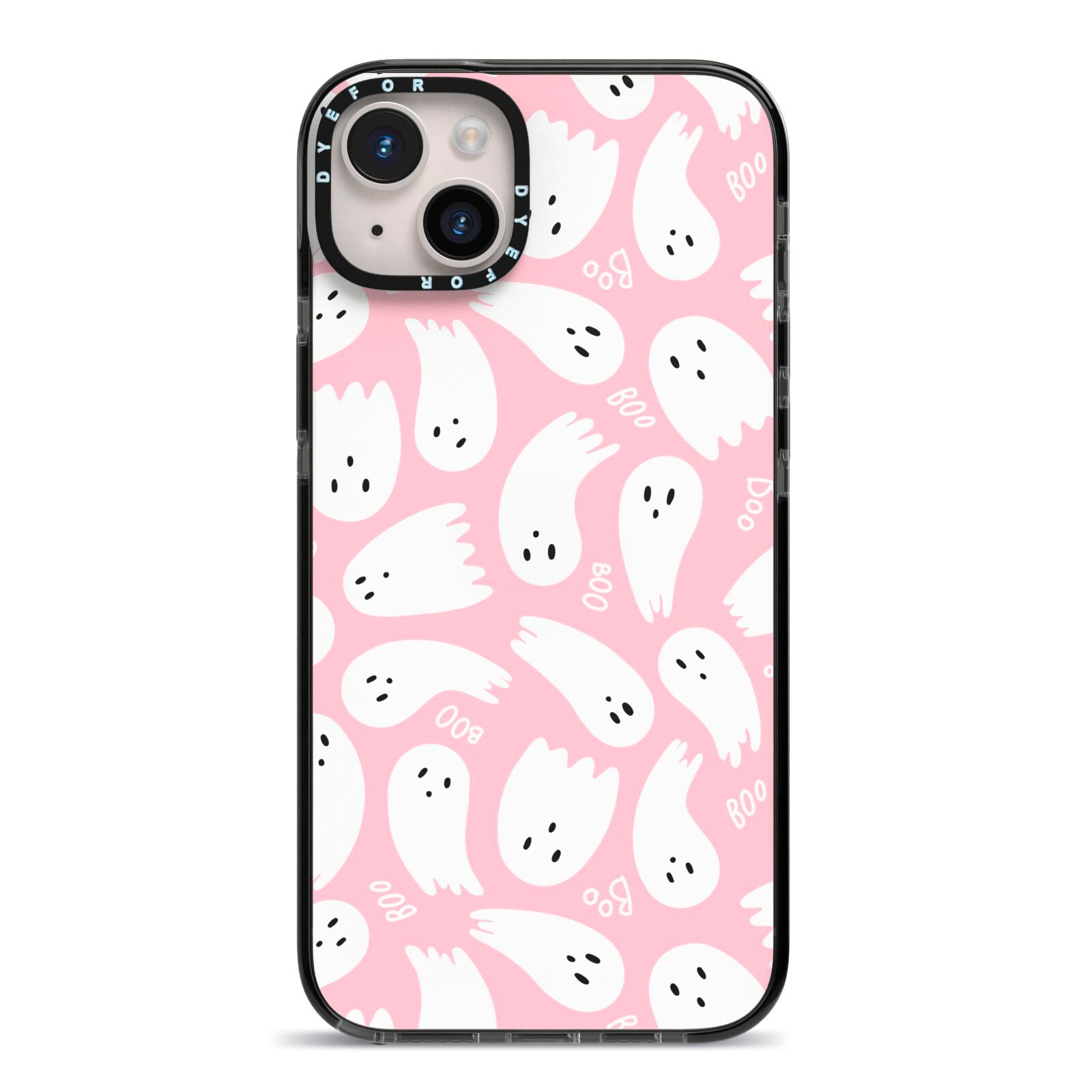 Pink Ghost iPhone 14 Plus Black Impact Case on Silver phone