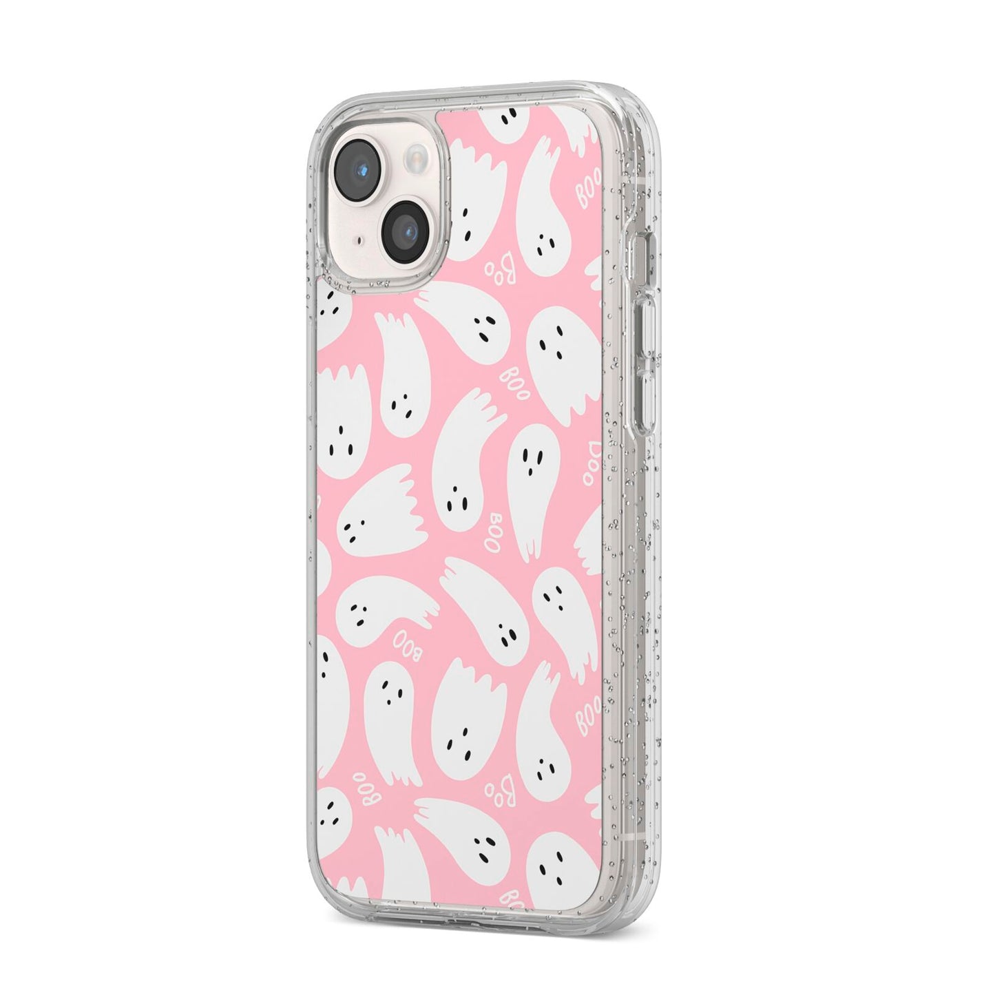 Pink Ghost iPhone 14 Plus Glitter Tough Case Starlight Angled Image