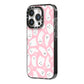 Pink Ghost iPhone 14 Pro Black Impact Case Side Angle on Silver phone