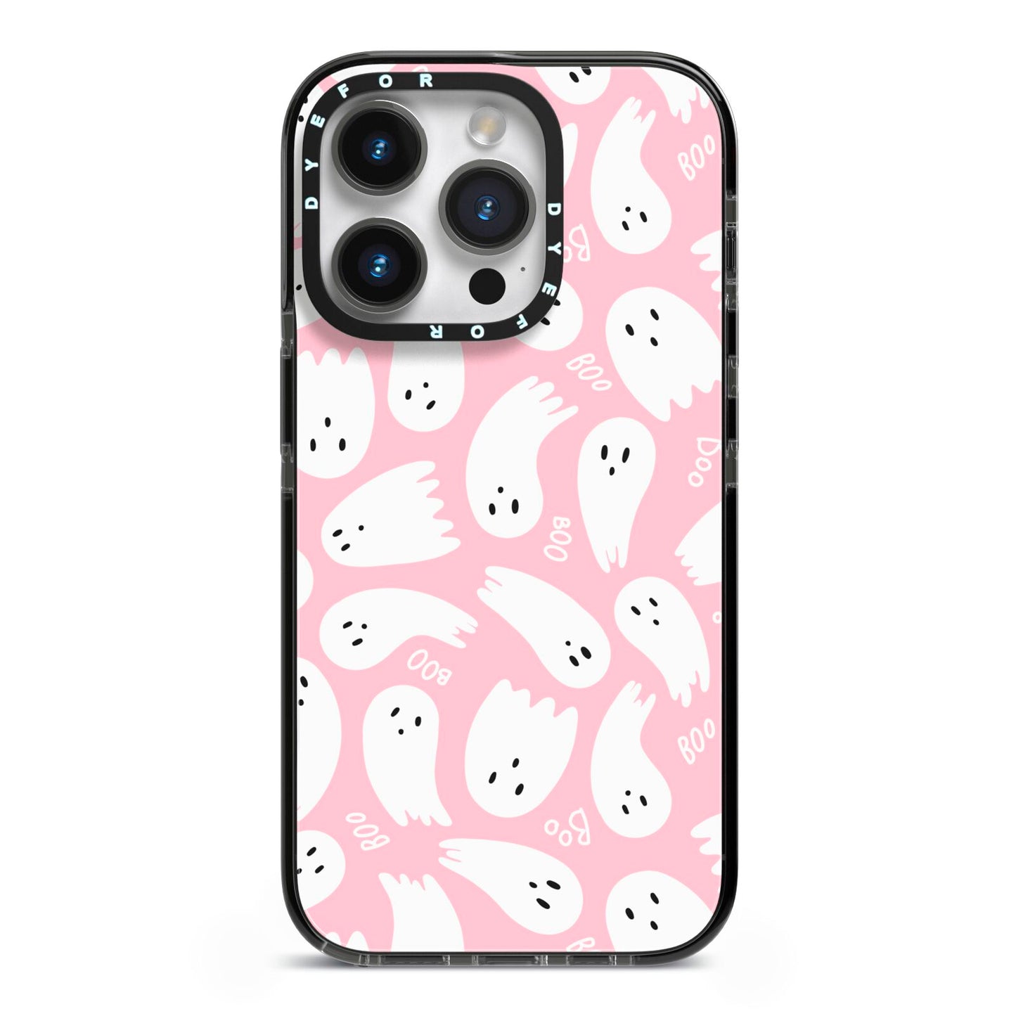 Pink Ghost iPhone 14 Pro Black Impact Case on Silver phone