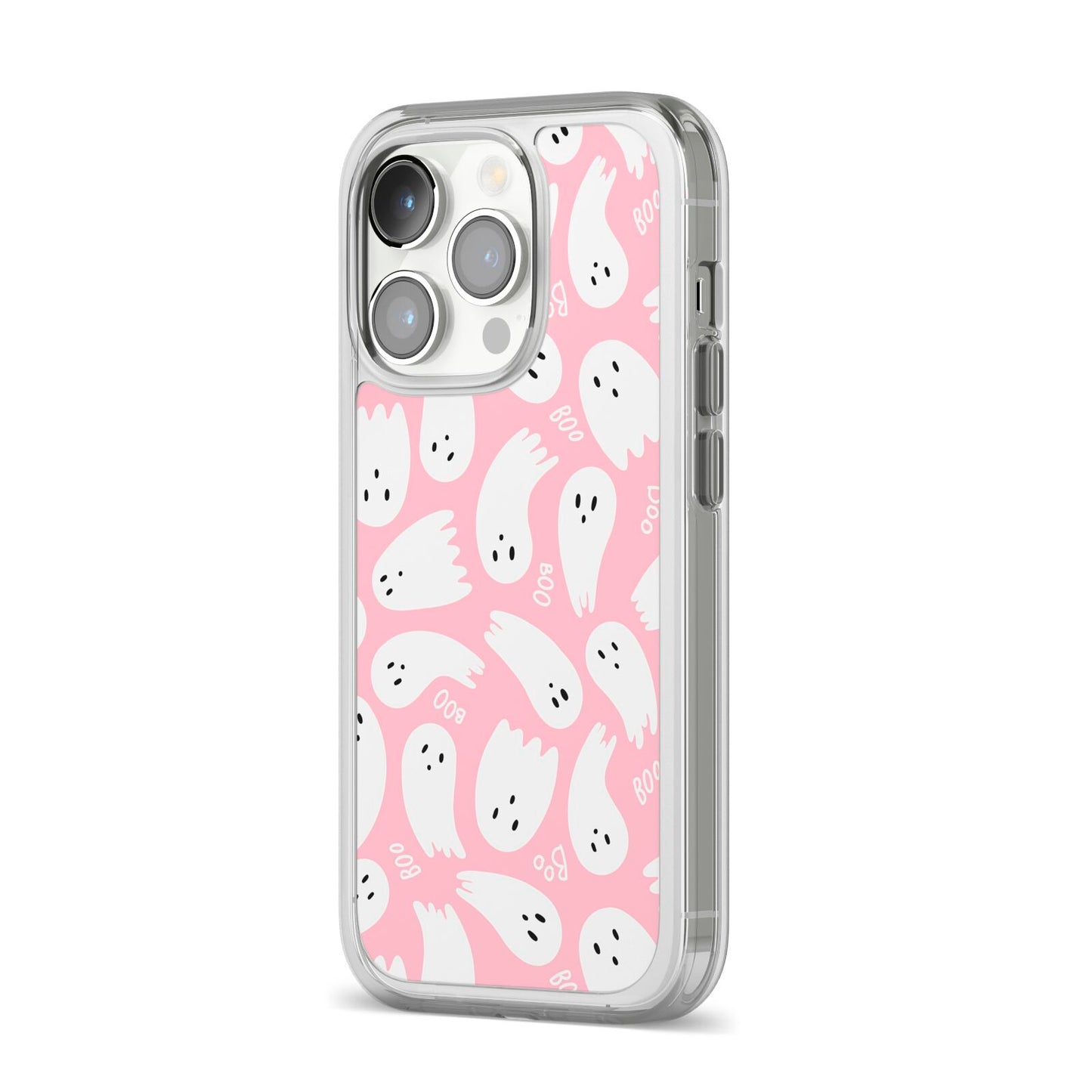 Pink Ghost iPhone 14 Pro Clear Tough Case Silver Angled Image