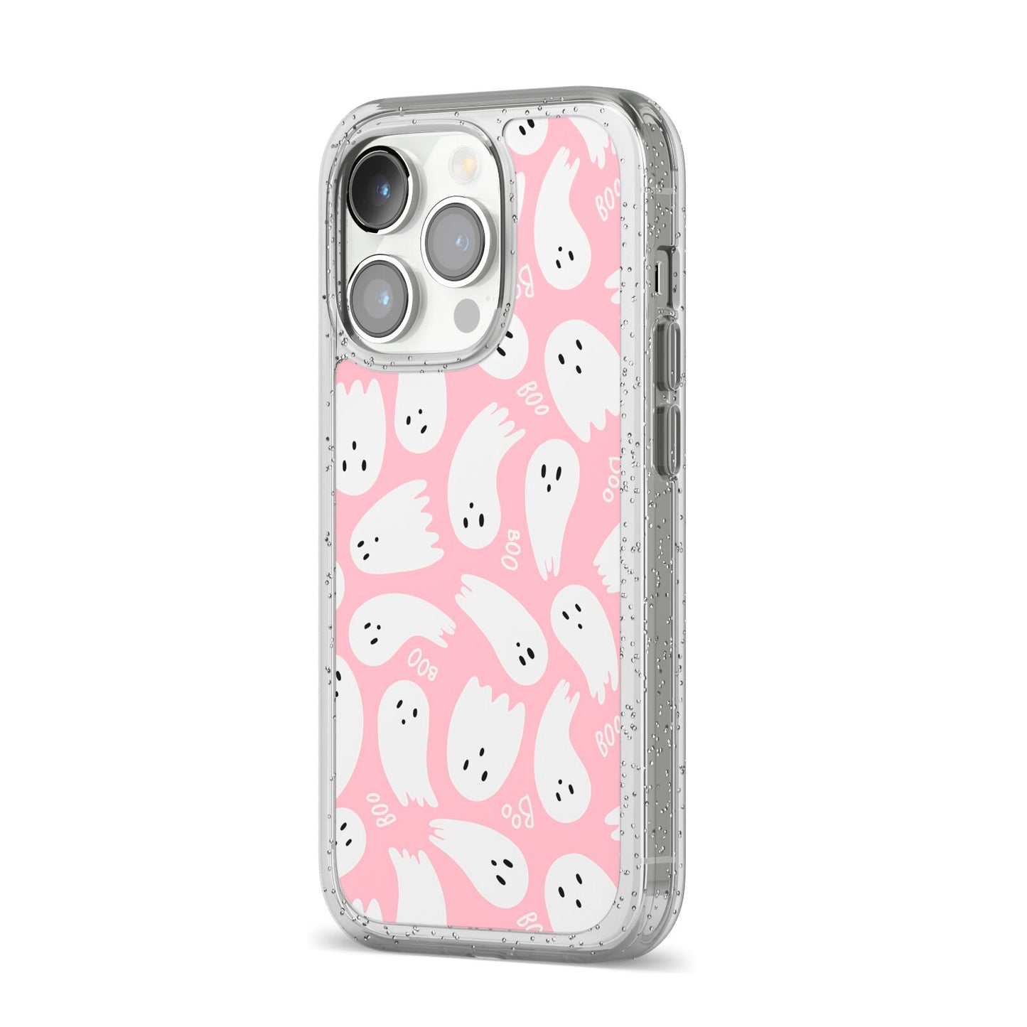 Pink Ghost iPhone 14 Pro Glitter Tough Case Silver Angled Image