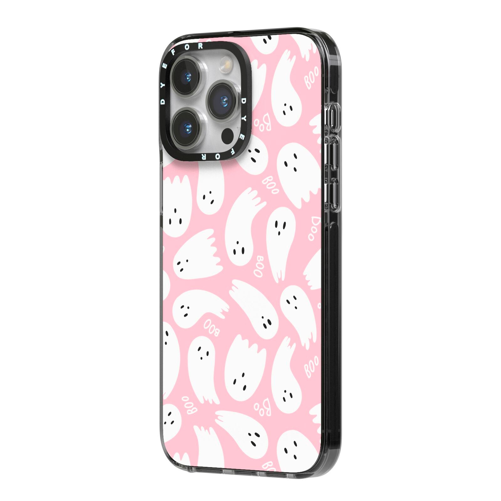 Pink Ghost iPhone 14 Pro Max Black Impact Case Side Angle on Silver phone