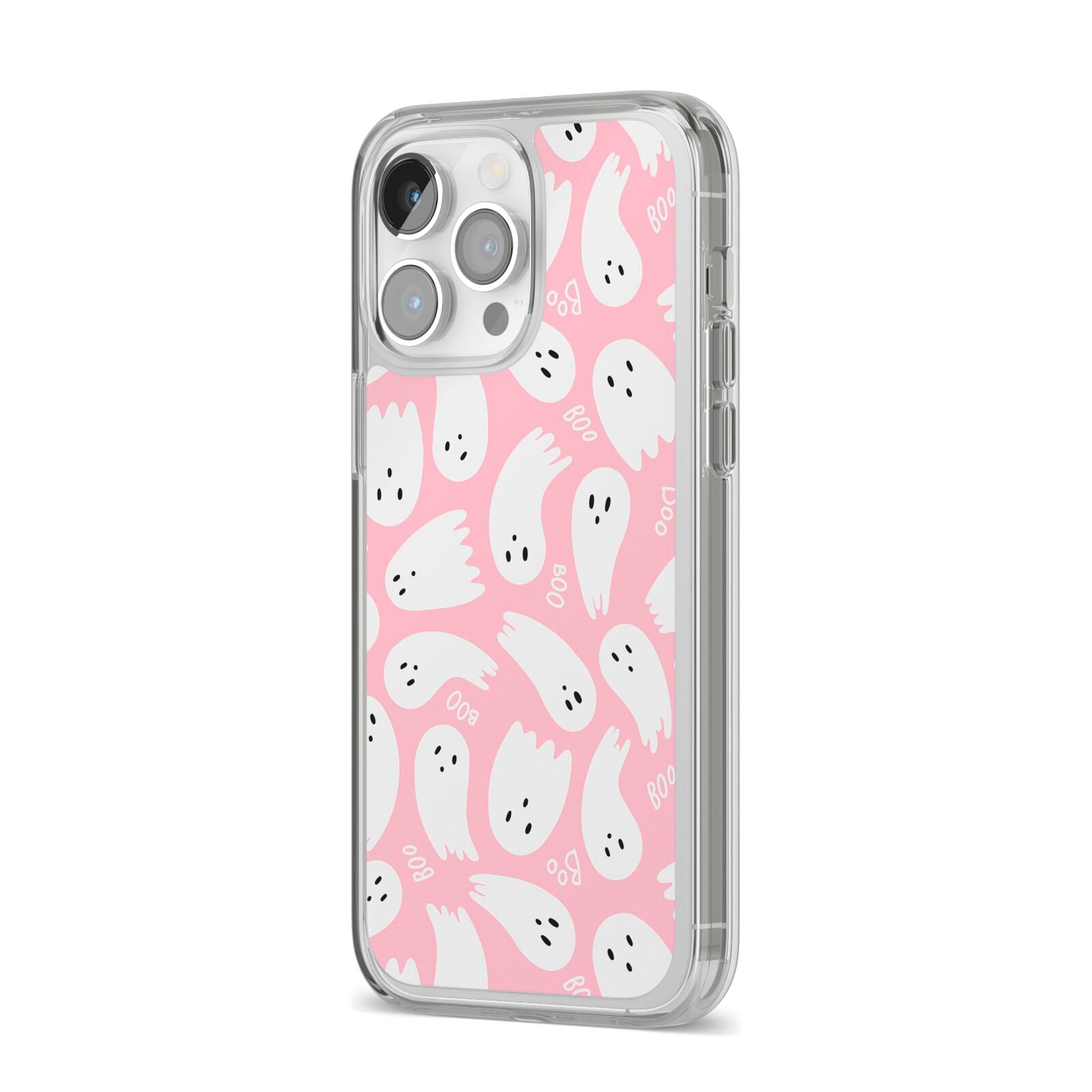 Pink Ghost iPhone 14 Pro Max Clear Tough Case Silver Angled Image