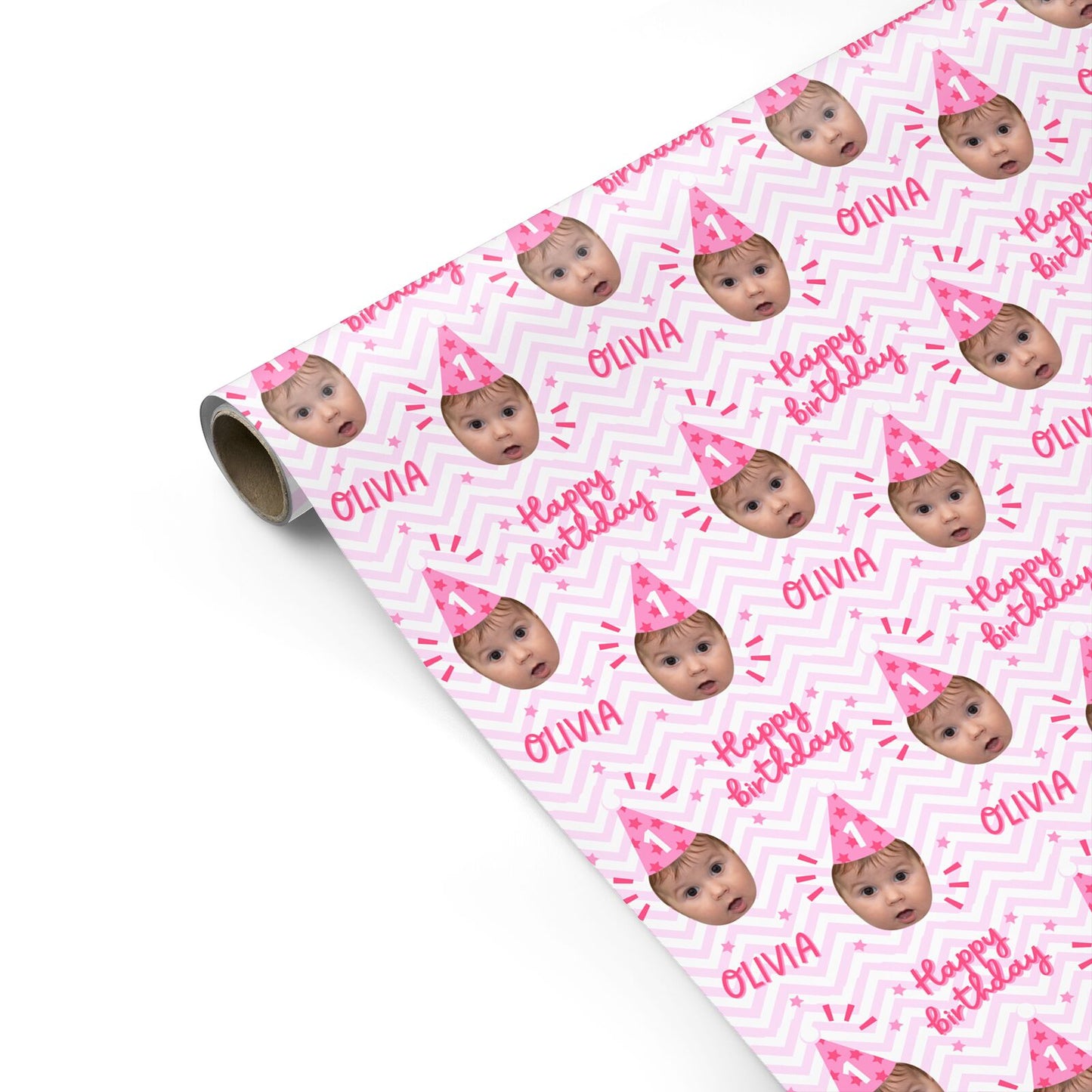 Pink Happy Birthday Personalised Face Personalised Gift Wrap
